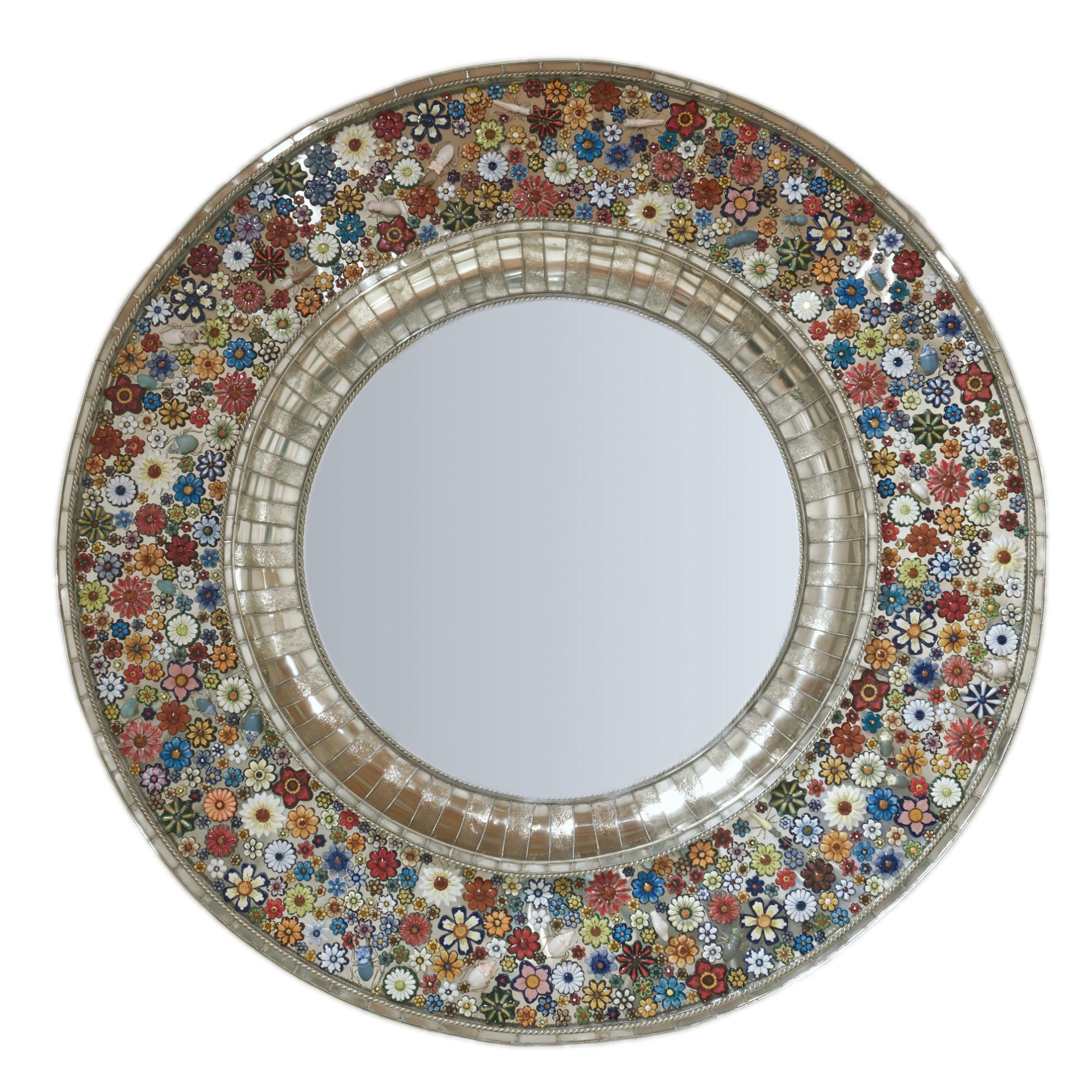 Roundy Convex Mirror, Hand Painted Ceramic Flowers and Insects over White Metal 3