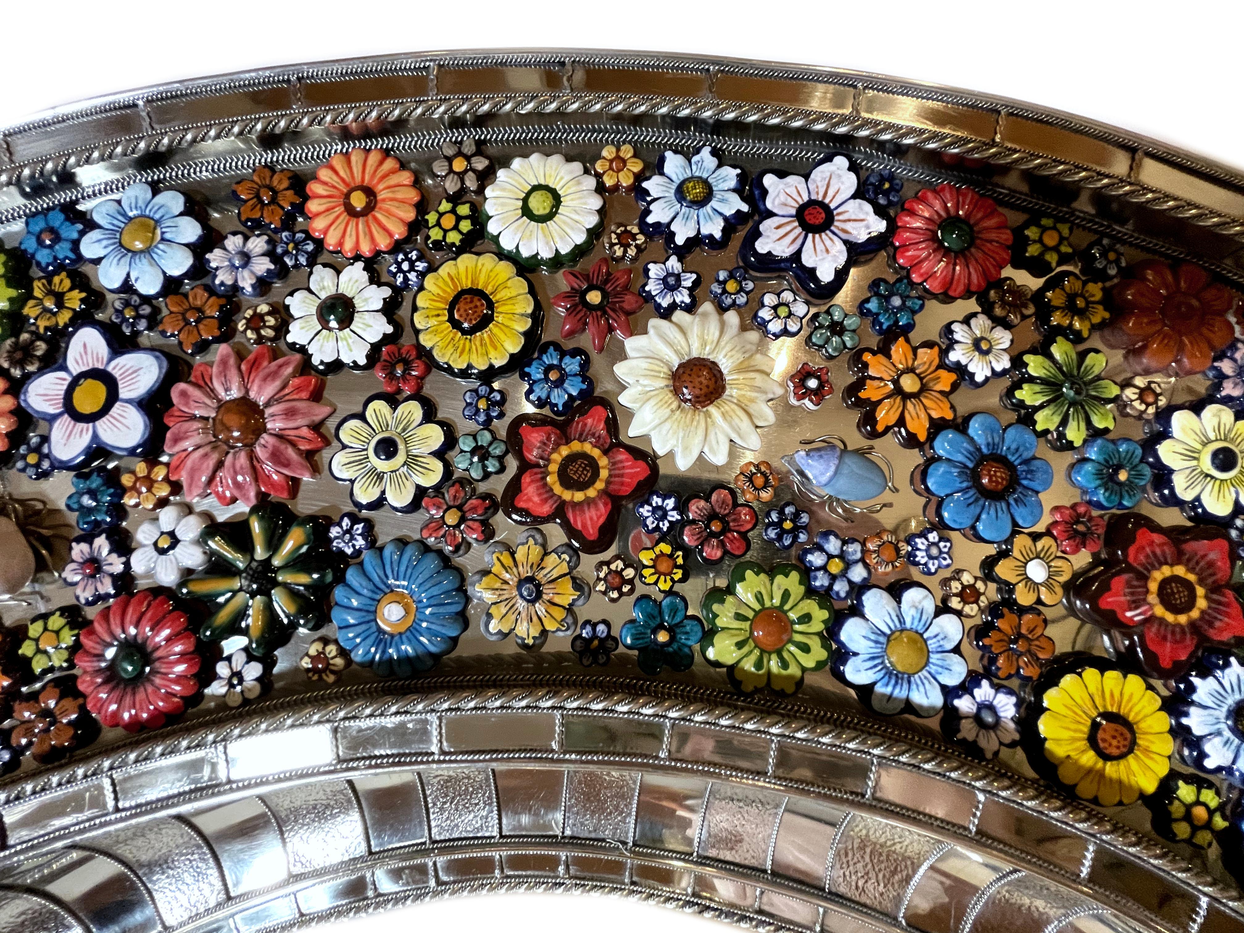 Mexican Roundy Convex Mirror,  Hand Painted Ceramic Flowers and Insects over White Metal