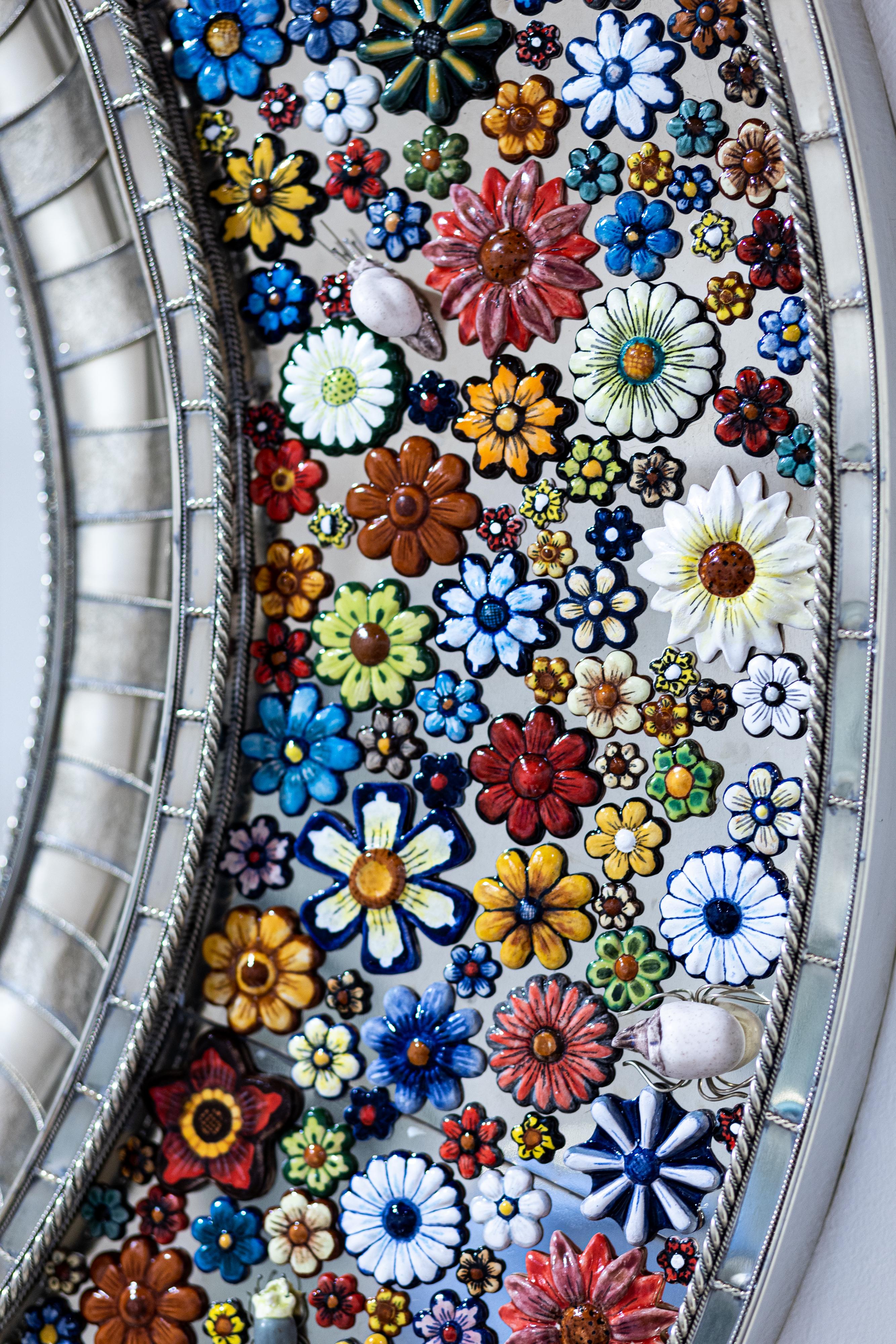 Mexican Roundy Convex Mirror, Hand Painted Ceramic Flowers and Insects over White Metal