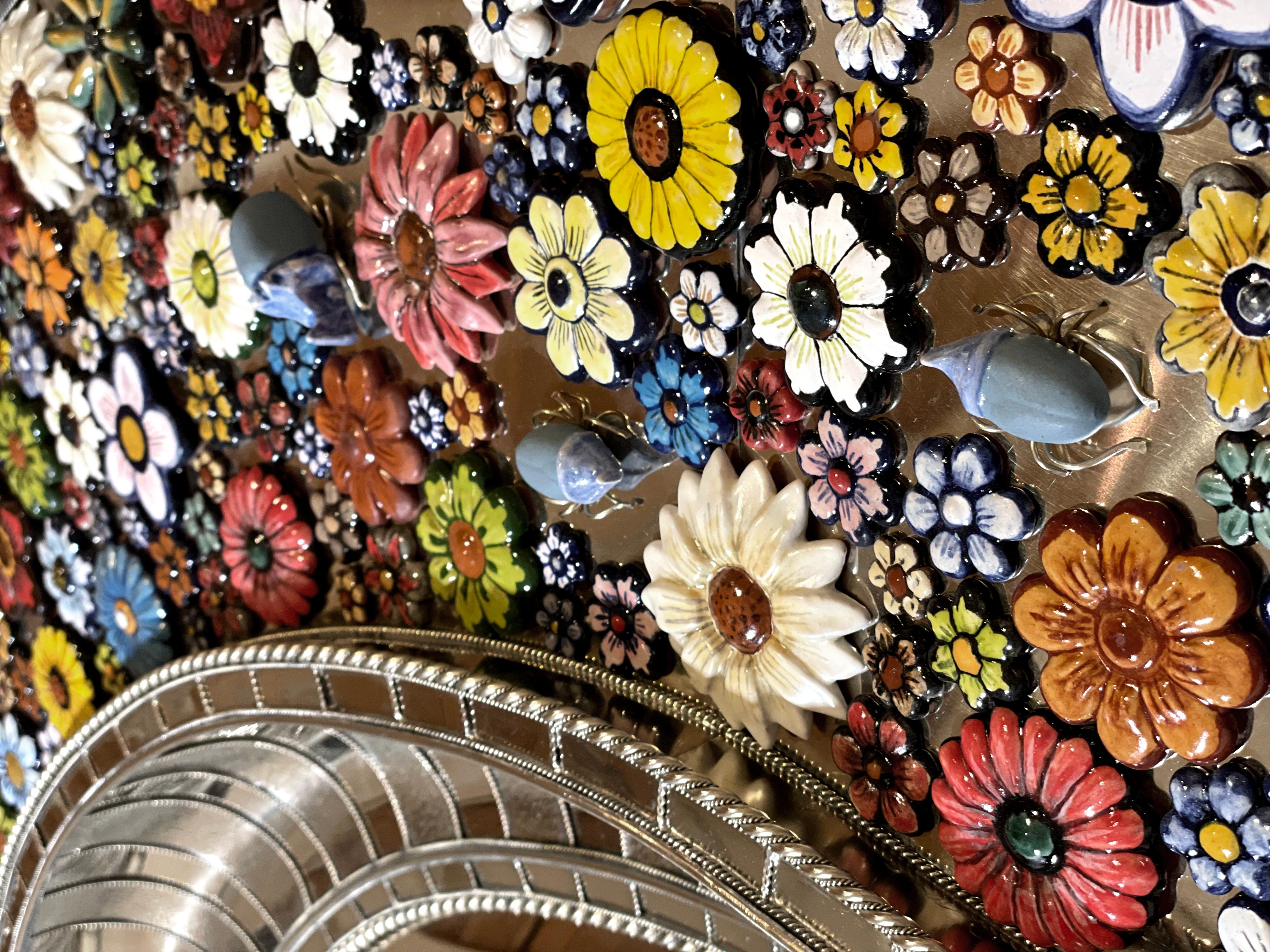 Glazed Roundy Convex Mirror,  Hand Painted Ceramic Flowers and Insects over White Metal