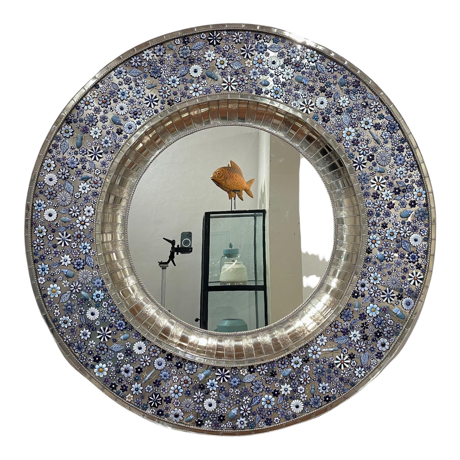 Glazed Roundy Convex Mirror, Hand Painted Ceramic Flowers and Insects over White Metal