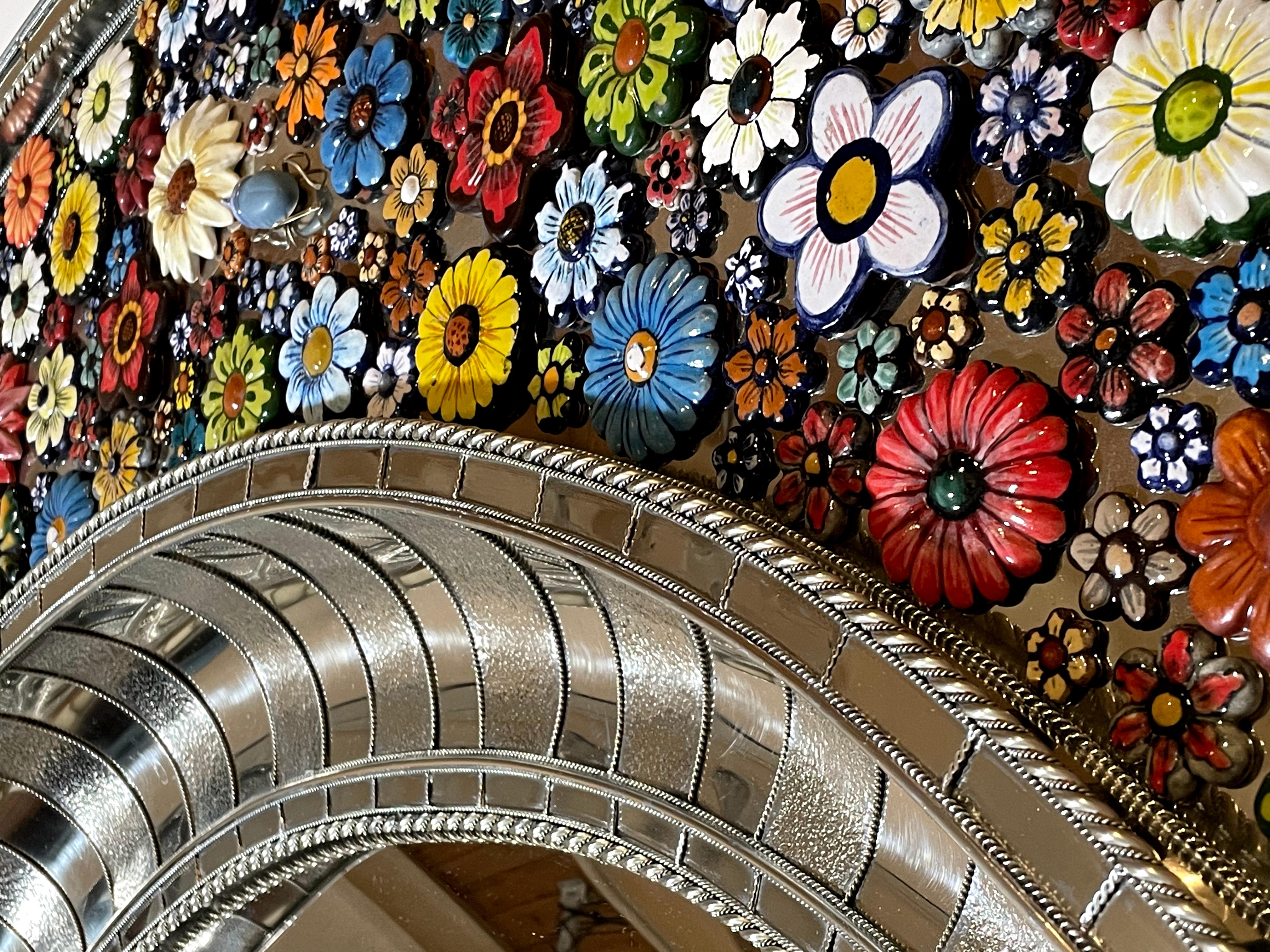 Roundy Convex Mirror,  Hand Painted Ceramic Flowers and Insects over White Metal In New Condition In Guadalajara, Jalisco