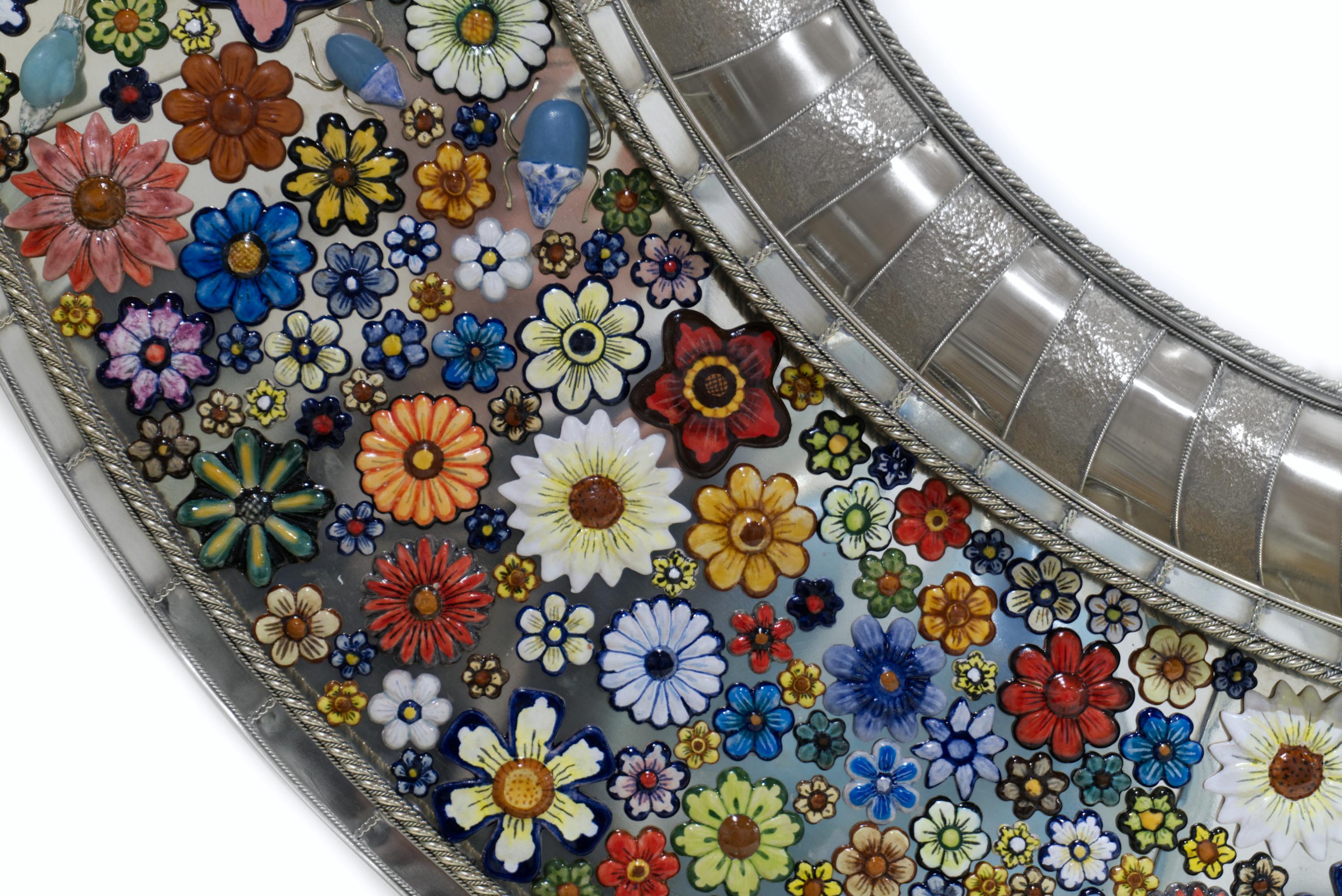 Contemporary Roundy Convex Mirror, Hand Painted Ceramic Flowers and Insects over White Metal