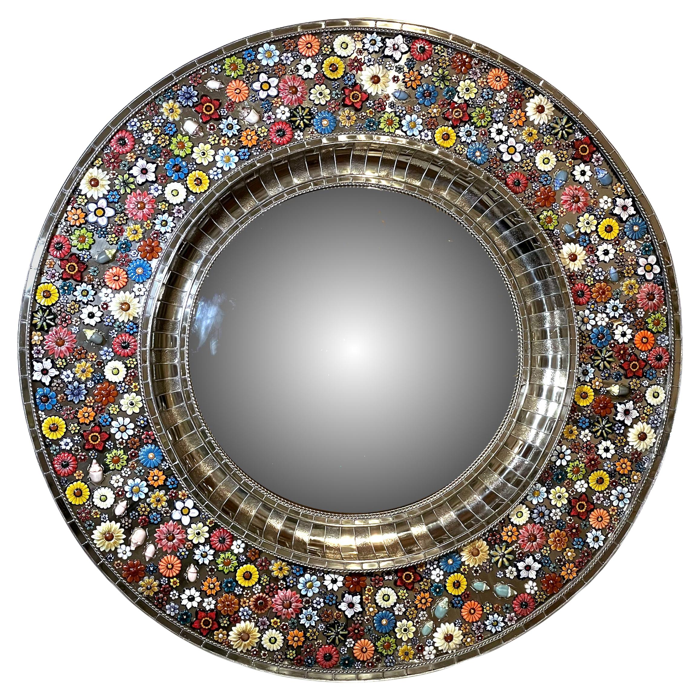 Roundy Convex Mirror,  Hand Painted Ceramic Flowers and Insects over White Metal