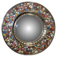 Roundy Convex Mirror,  Hand Painted Ceramic Flowers and Insects over White Metal