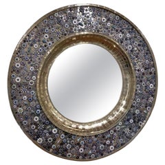 Roundy Convex Mirror, Hand Painted Ceramic Flowers and Insects over White Metal