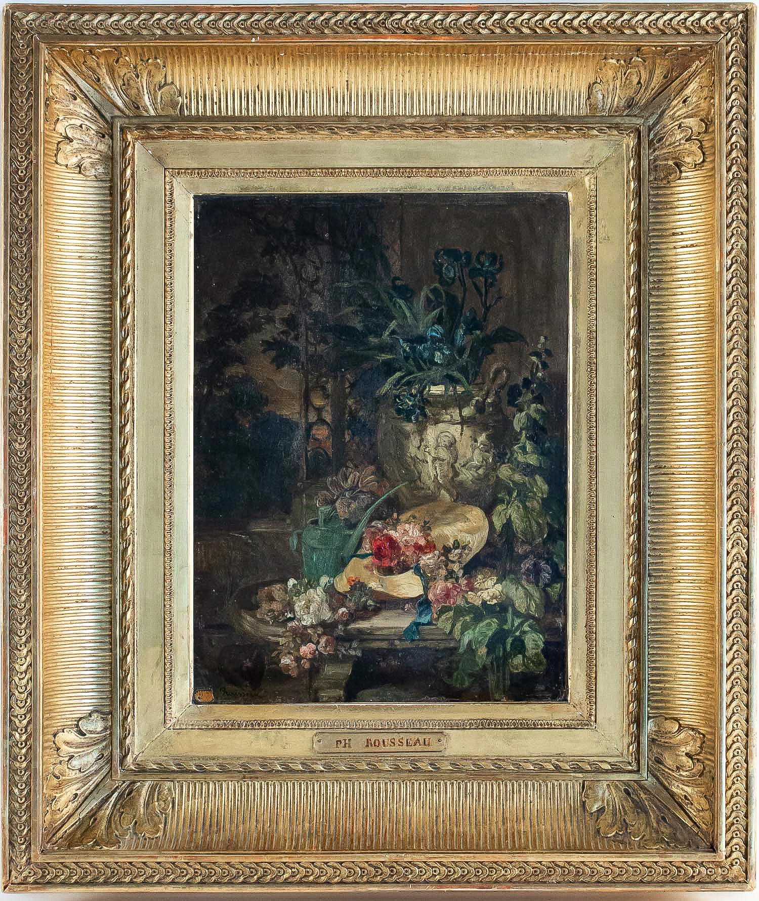 A beautiful, exciting and ornamental oil on panel in its original gilt wood frame, representing a Still-Life The Blue Iris Bouquet, straw hat, and watering can, on a marble ledge. 
Our painting is signed on a lower left by Philippe Rousseau a label