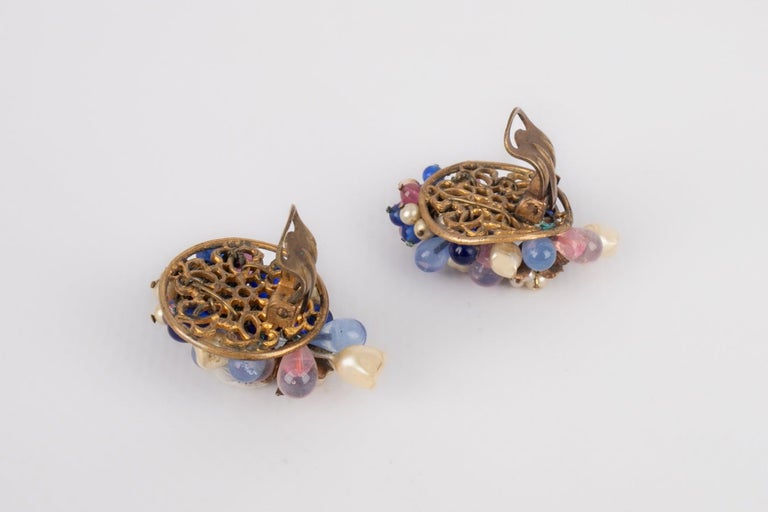 Boucles D'oreilles Clips Vintage - Pâte De Verre Et Strass - Marque Rousselet? - Très Bon état