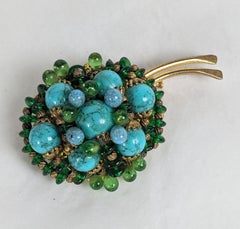 Rousselet Emerald and Turquoise Pate de Verre Beaded Brooch