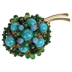 Rousselet Emerald and Turquoise Pate de Verre Beaded Brooch