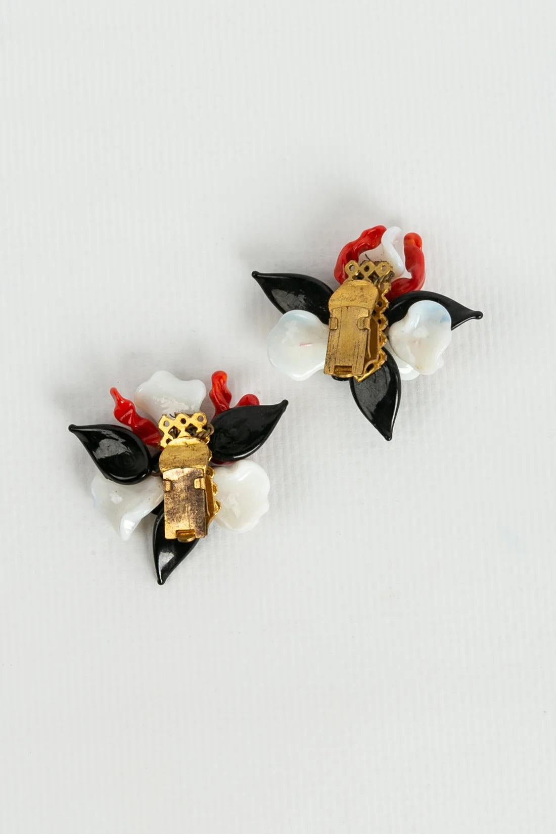Artist Rousselet Flower Clip on Glass Paste Earrings For Sale