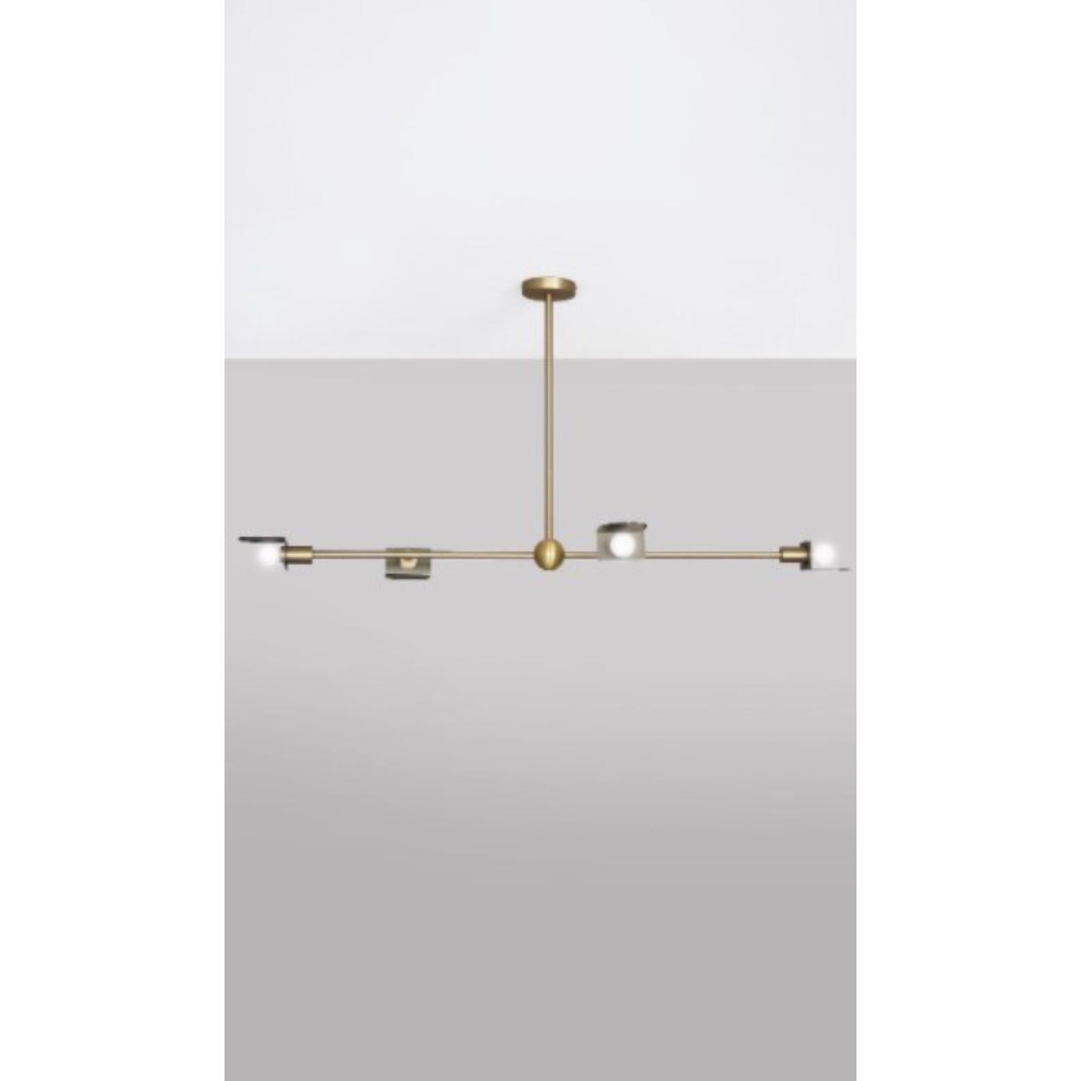 Route I pendant light by square in circle
Dimensions: D117 x W6 x H63 cm
Materials: Brushed brass/ brushed grey metal
Other finishes available.

An ambitious linear pendant displaying geometric semicircular metal shades with returns. This