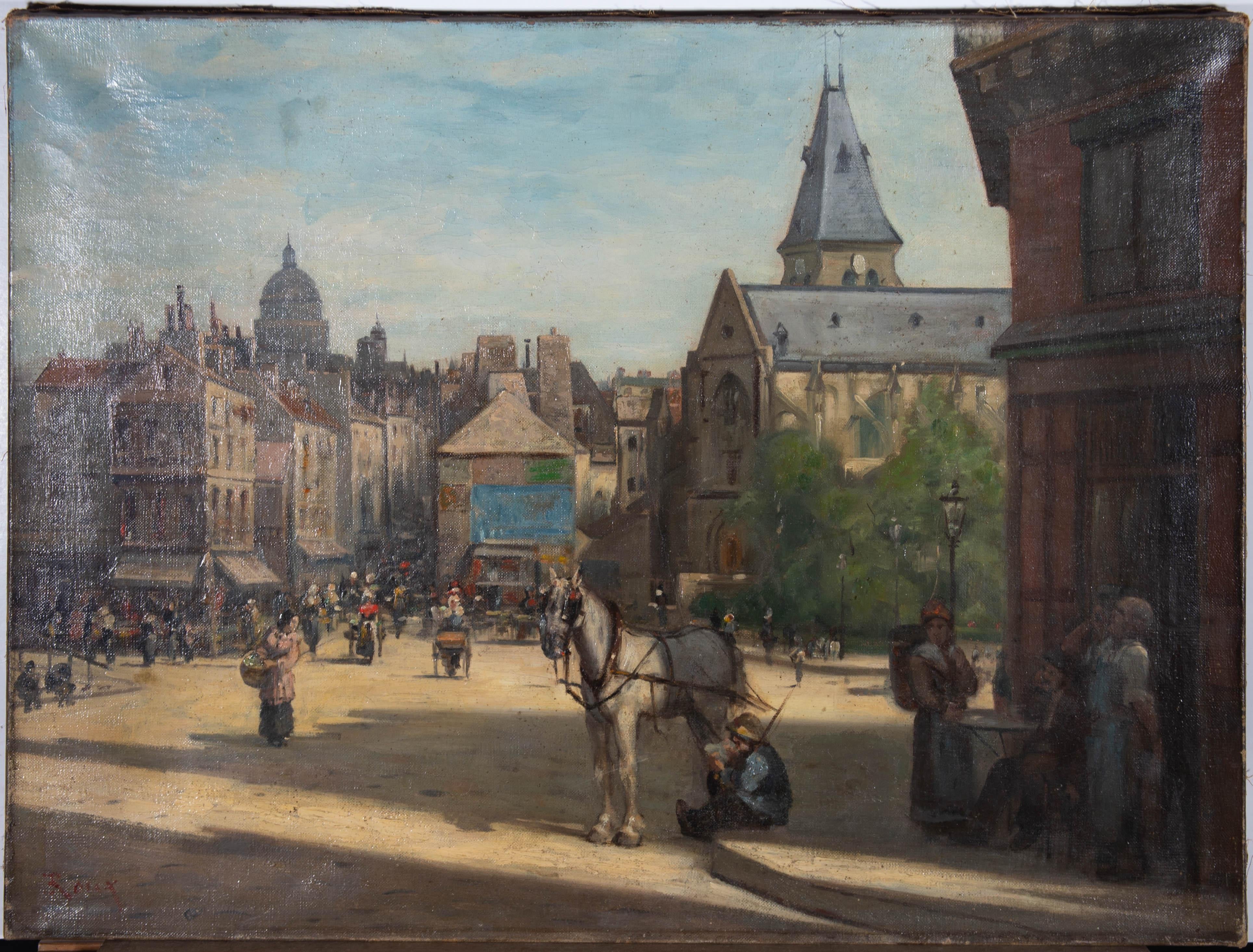 This charming study depicts a bustling market square with figures carrying baskets of goods, milling the streets and working. To the distance there is a sweeping view of the rooftops of a continental town. The artist has captured the lively square