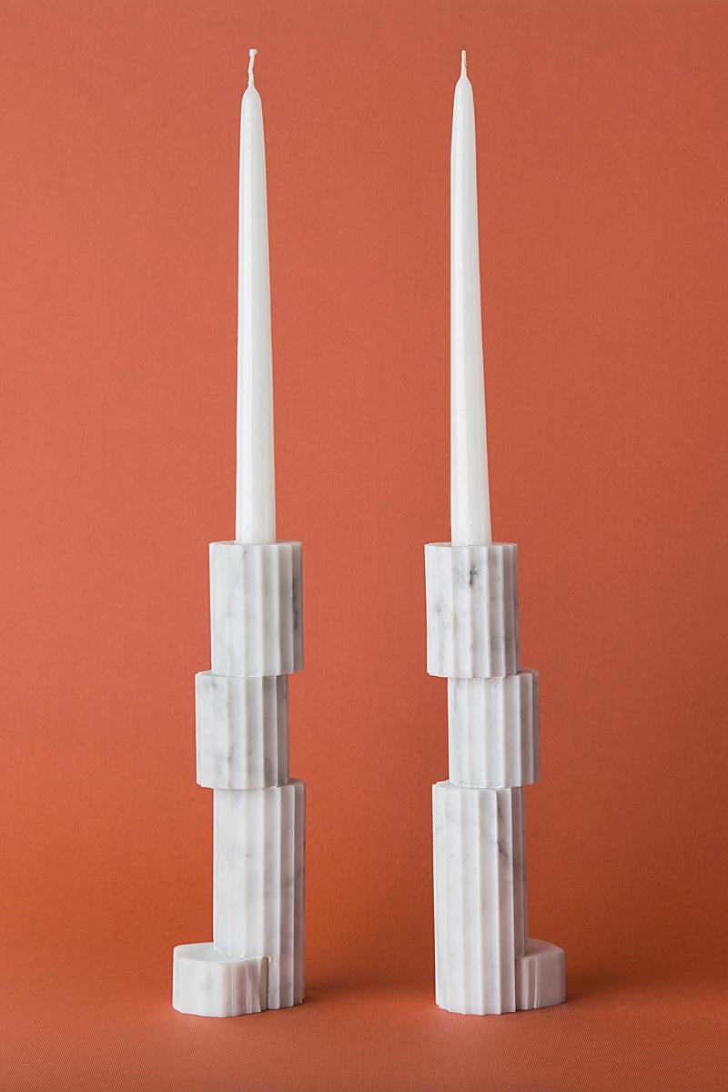 21 Century Contemporary Carrara Marble Candleholder  1 AVAILABLE IN STOCK NOW! In New Condition For Sale In Milan, IT
