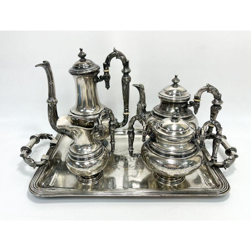 Rovira y Carreras Spanish 915 Silver Aesthetic tea and coffee set, late 19th century

Laurel leaves to the handles and spouts with the central area of each pieces elaborately monogrammed (HH). Rovira y Carreras Barcelona Spanish 915 silver