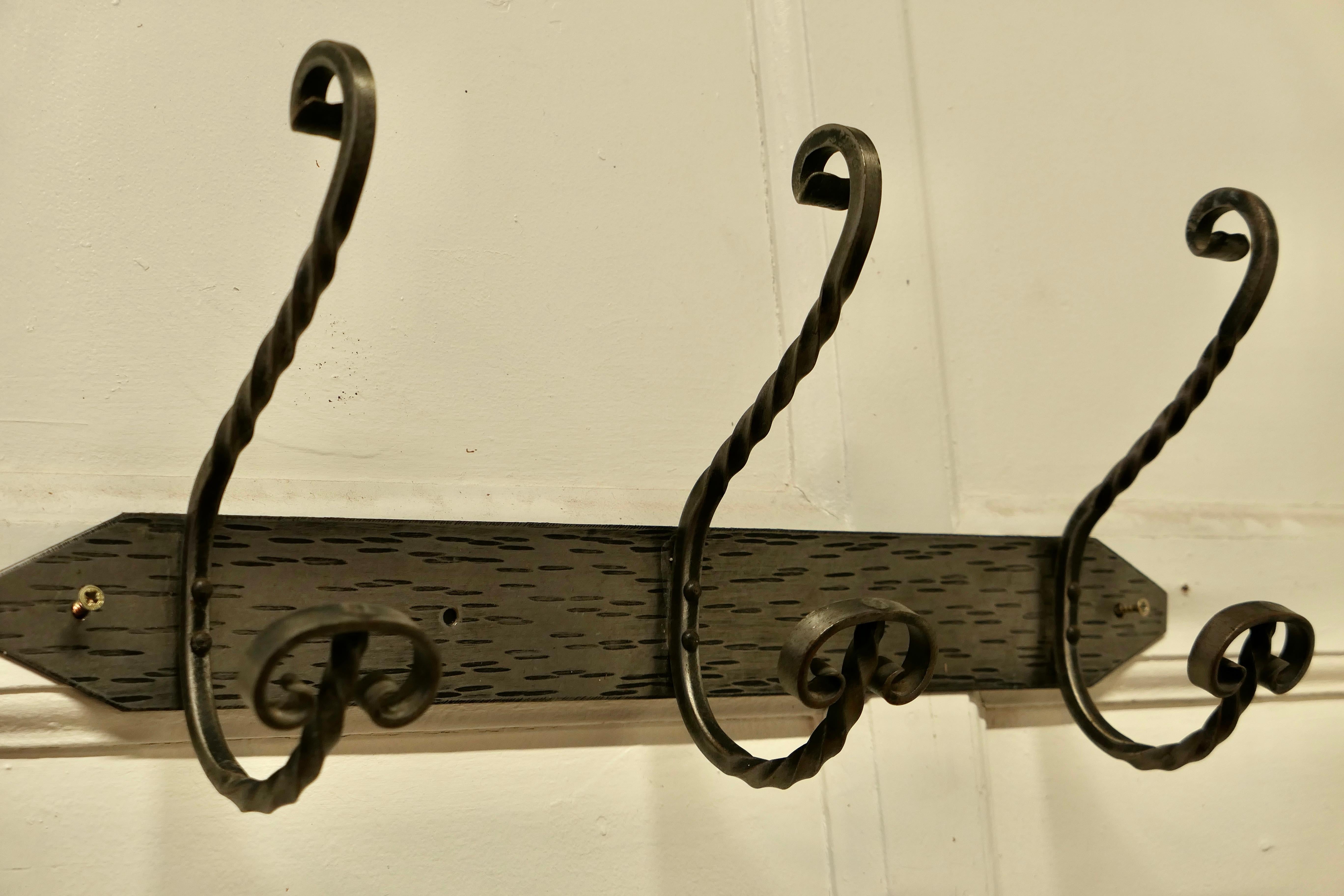 Row of 3 Polished Steel and  Wrought Iron Hat and Coat Hooks In Good Condition For Sale In Chillerton, Isle of Wight