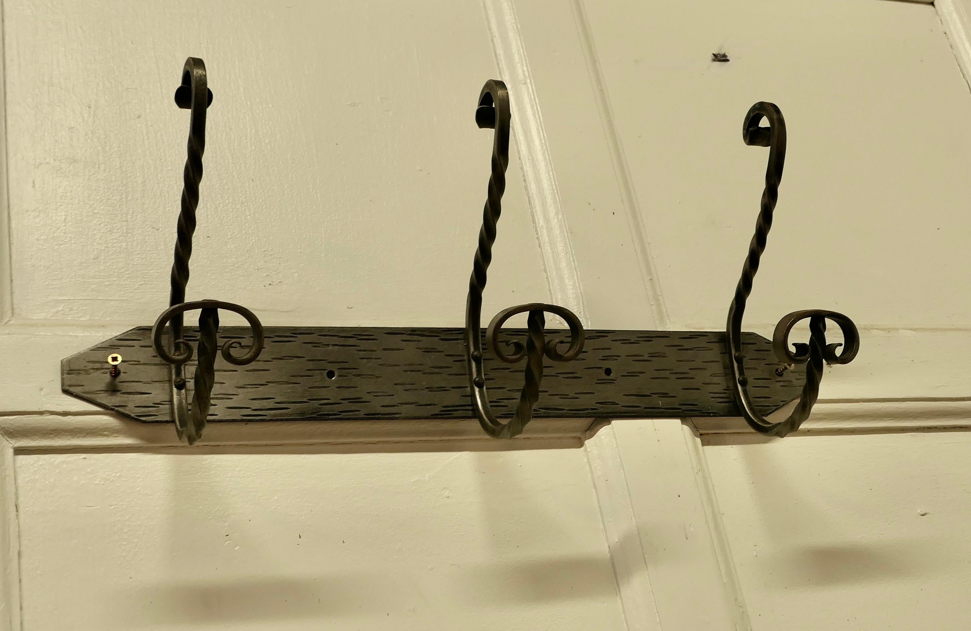 20th Century Row of 3 Polished Steel and  Wrought Iron Hat and Coat Hooks For Sale