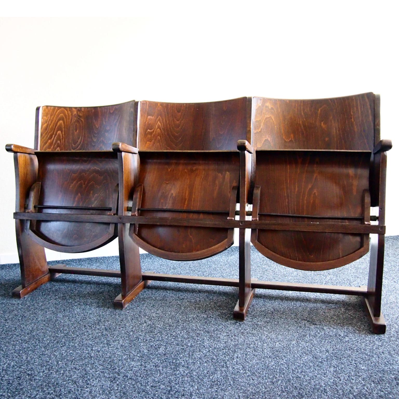 Row of three cinema seats originally from the cinema in Czechoslovakia produced by Thonet. Nowadays it can be a stunning addition to any interior. Very good, original condition with signs of age what is giving it the originality.