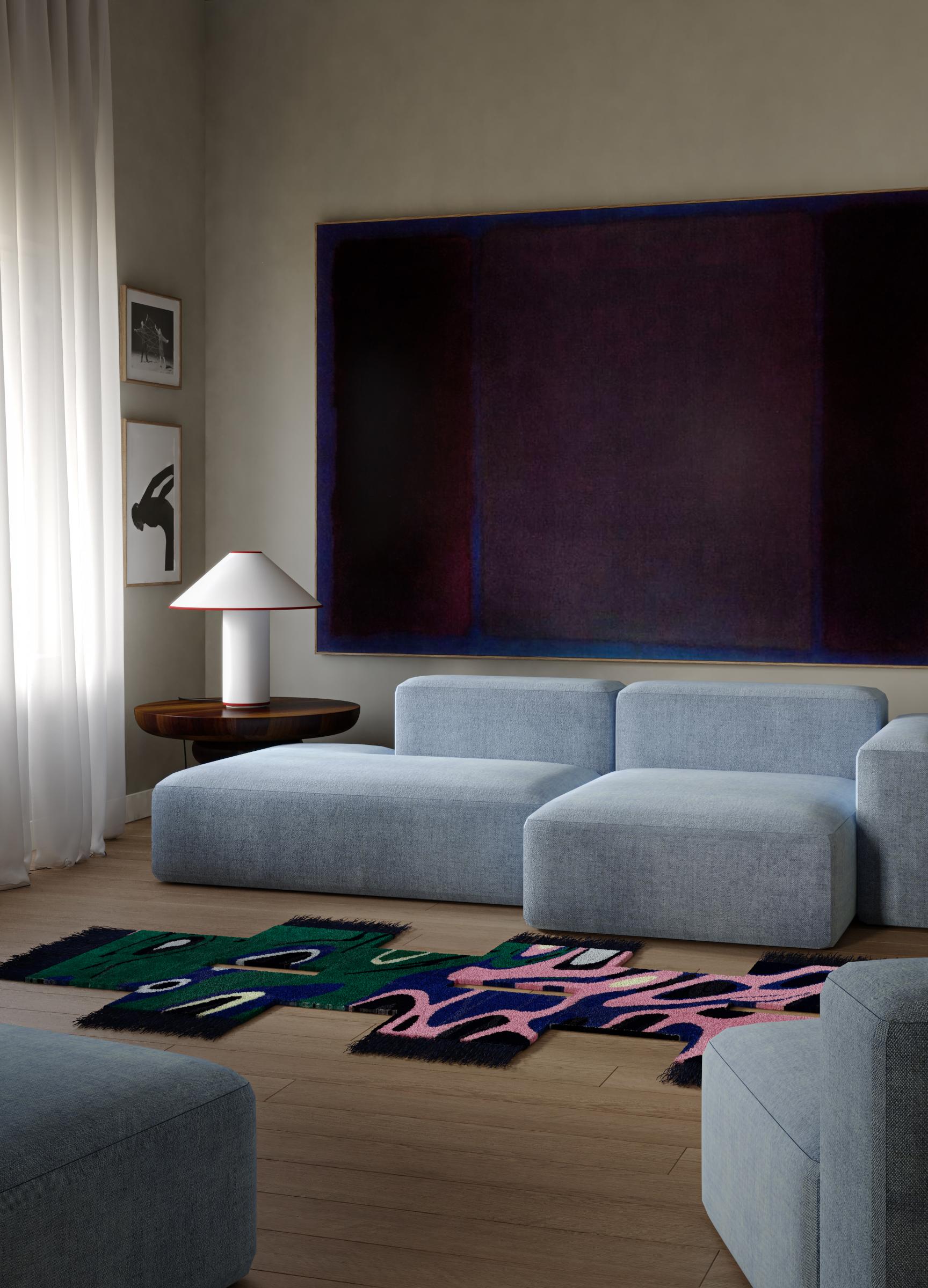 XXIe siècle et contemporain Tapis unique en nylon bleu foncé et jaune de Wood Light par Okej Studio en vente