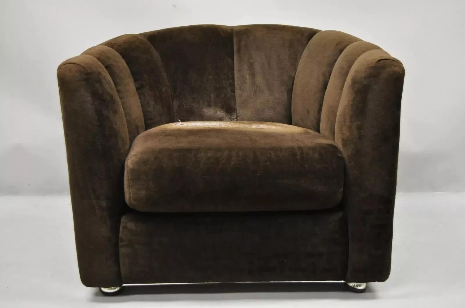 Vintage Mid Century Modern Chrome Trim Milo Baughman Style Upholstered Club Lounge Chair by Rowe. Item features a large oversized frame, original label, and clean modernist lines. Circa Late 20th Century. Measurements: 26