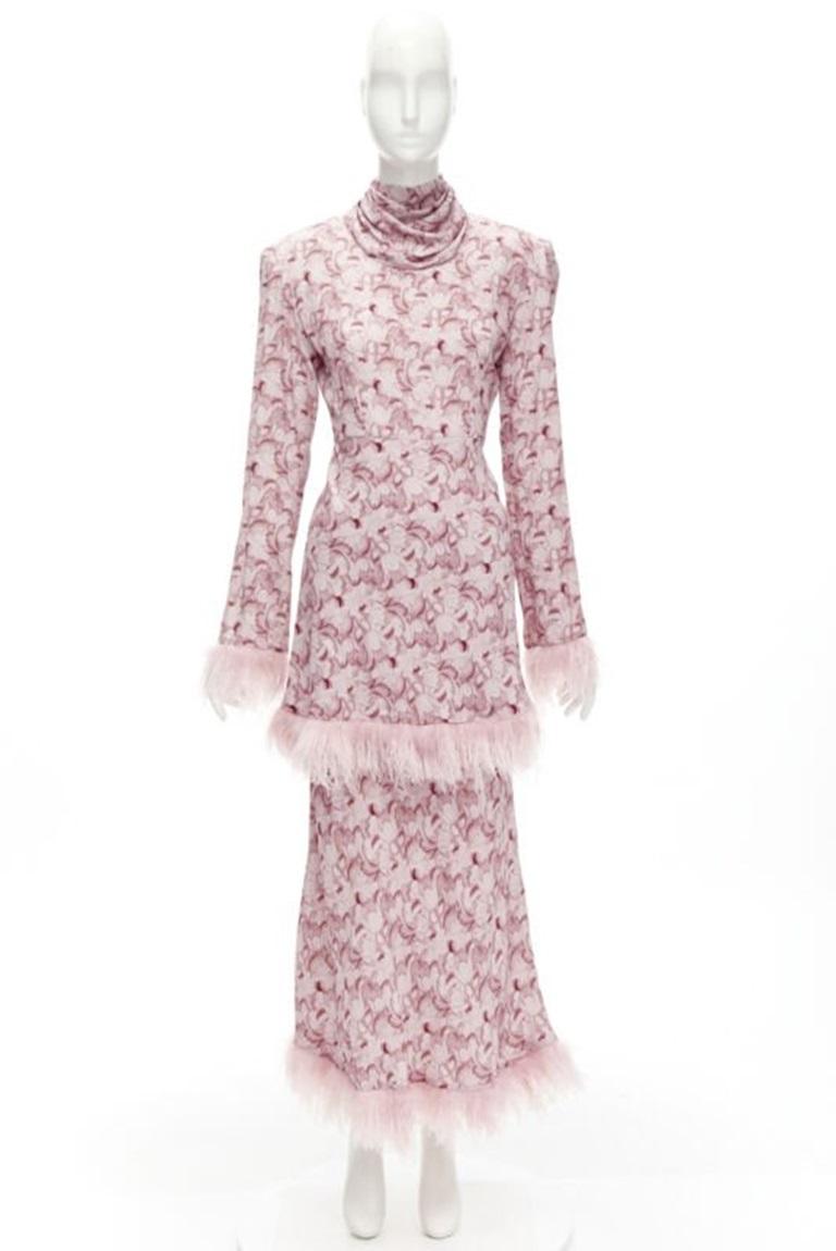 ROWEN ROSE pink Art Deco floral ostrich feather trim tiered midi dress FR34 XS 5