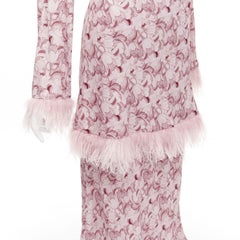 ROWEN ROSE pink Art Deco floral ostrich feather trim tiered midi dress FR34 XS