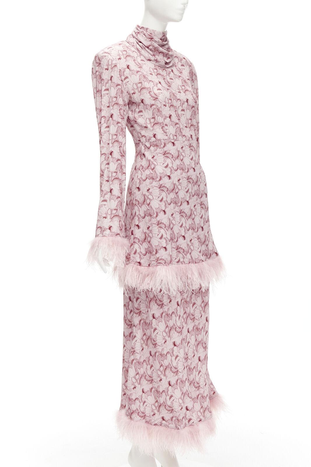 Beige ROWEN ROSE pink Art Deco floral ostrich feather trim tiered midi dress FR34 XS For Sale