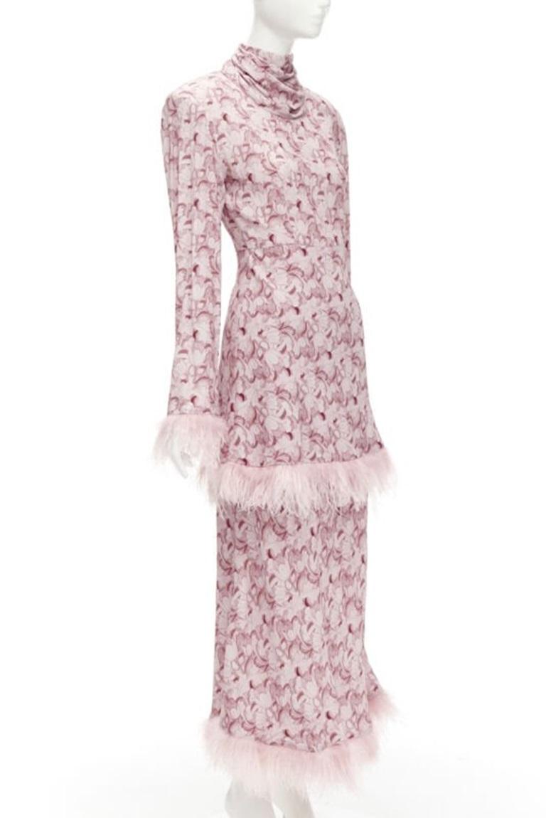 Beige ROWEN ROSE pink Art Deco floral ostrich feather trim tiered midi dress FR34 XS