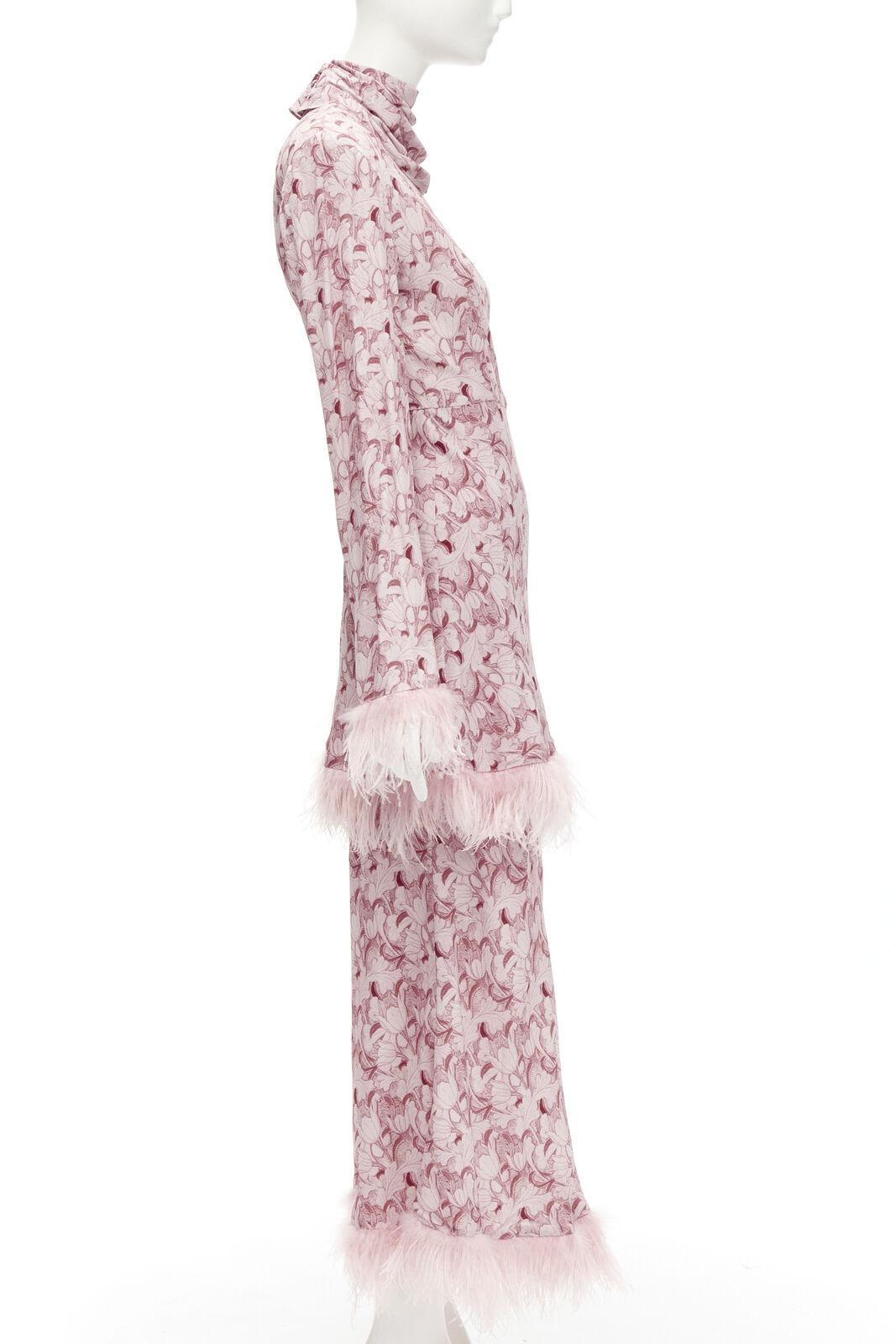 ROWEN ROSE pink Art Deco floral ostrich feather trim tiered midi dress FR34 XS In Excellent Condition For Sale In Hong Kong, NT