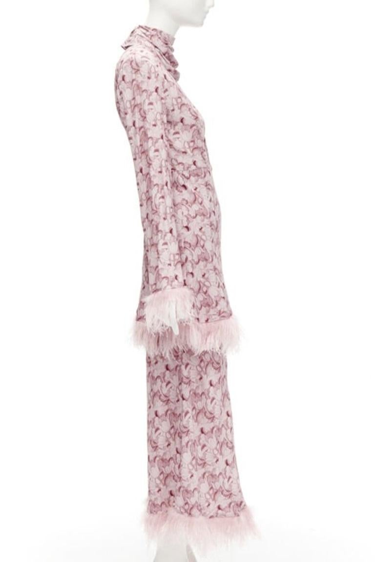 ROWEN ROSE pink Art Deco floral ostrich feather trim tiered midi dress FR34 XS In Excellent Condition In Hong Kong, NT