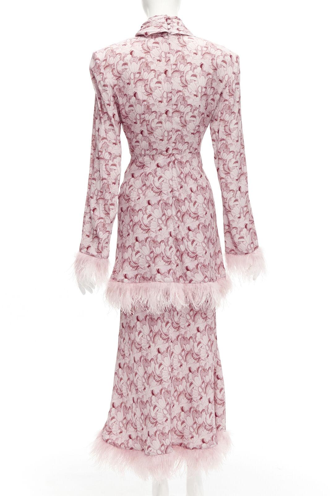 Women's ROWEN ROSE pink Art Deco floral ostrich feather trim tiered midi dress FR34 XS