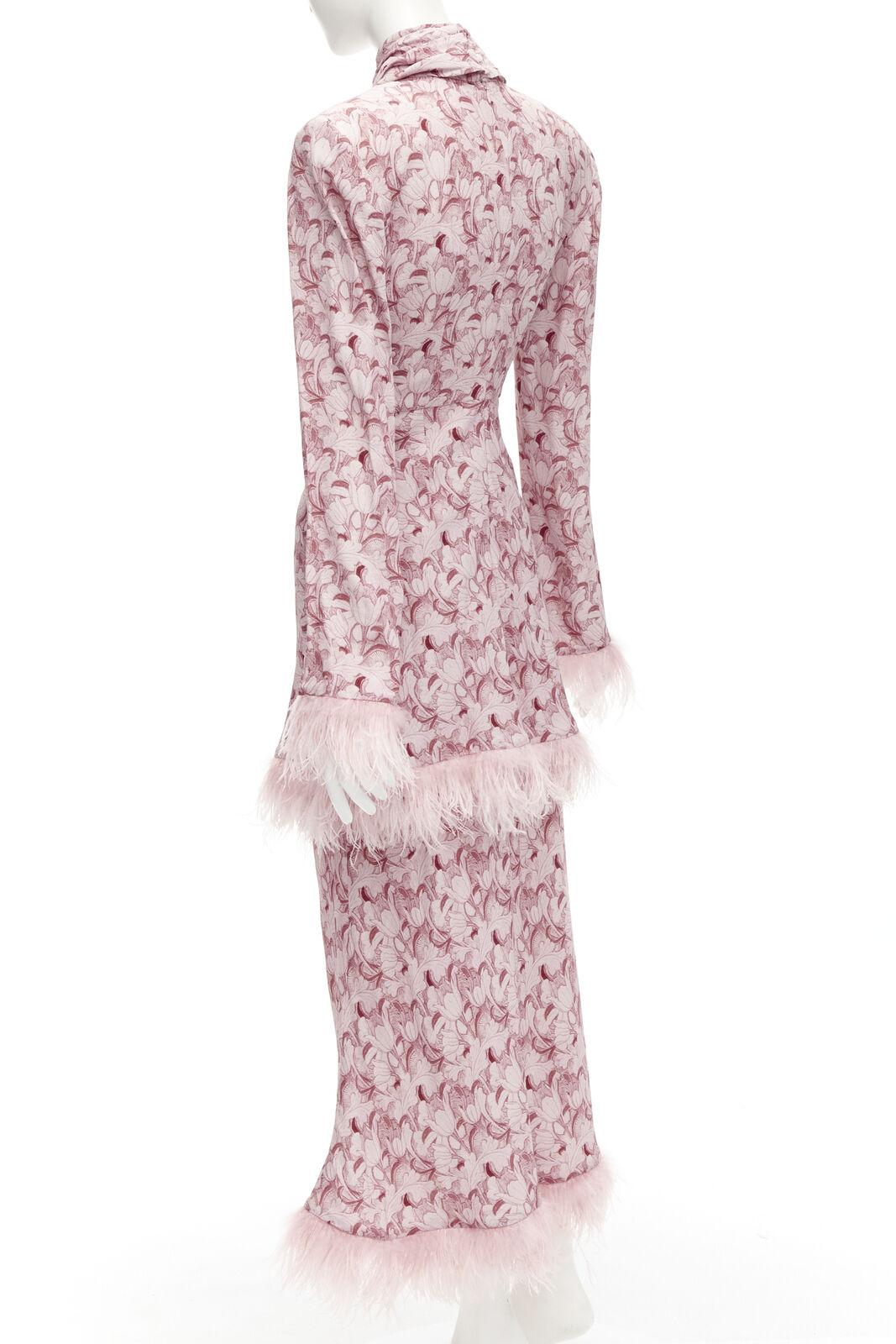 ROWEN ROSE pink Art Deco floral ostrich feather trim tiered midi dress FR34 XS 1
