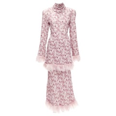 ROWEN ROSE pink Art Deco floral ostrich feather trim tiered midi dress FR34 XS