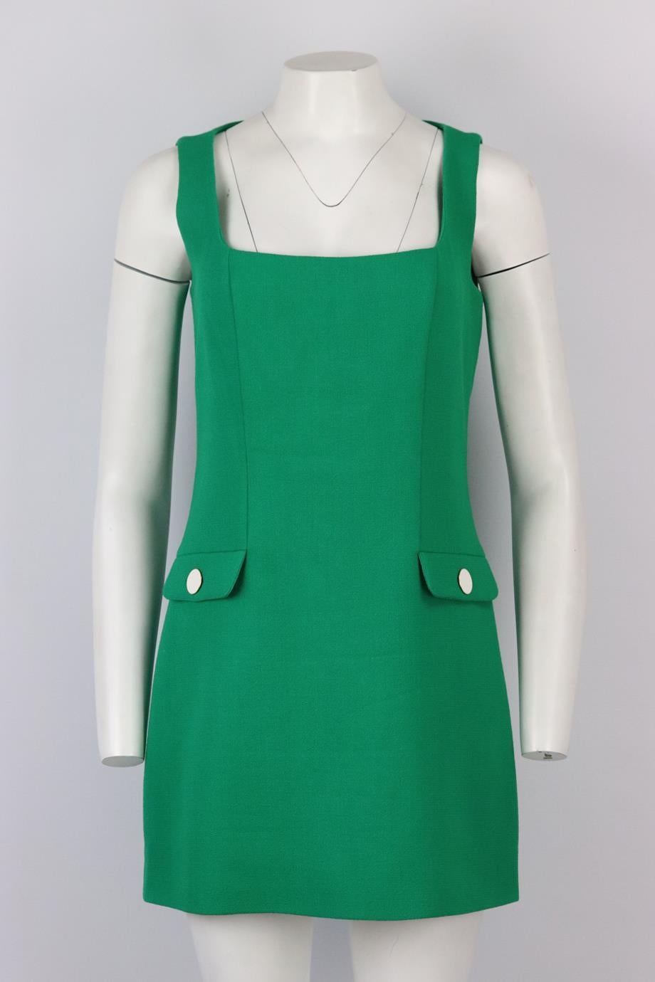 Rowen Rose wool crepe mini dress. Green. Sleeveless, square-neck. Zip fastening at back. 100% Wool; lining: 100% viscose. Size: FR 40 (UK 12, US 8, IT 44). Bust: 37 in. Waist: 31.8 in. Hips: 40.4 in. Length: 32.5 in. Very good condition - No sign of