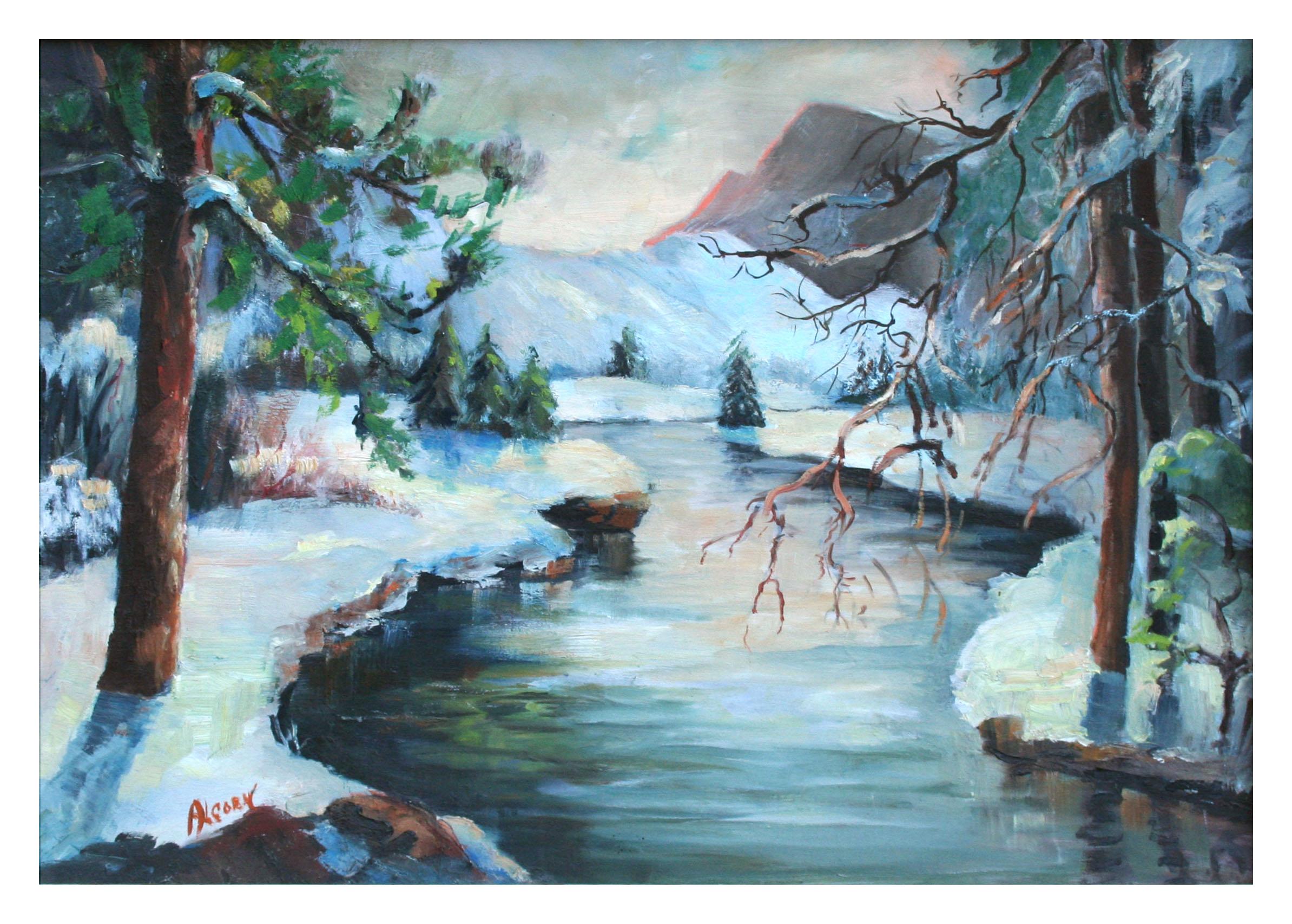 Mountain Stream in Snow, Mid Century Yosemite Winter Landscape - Painting by Rowena Lung Alcorn