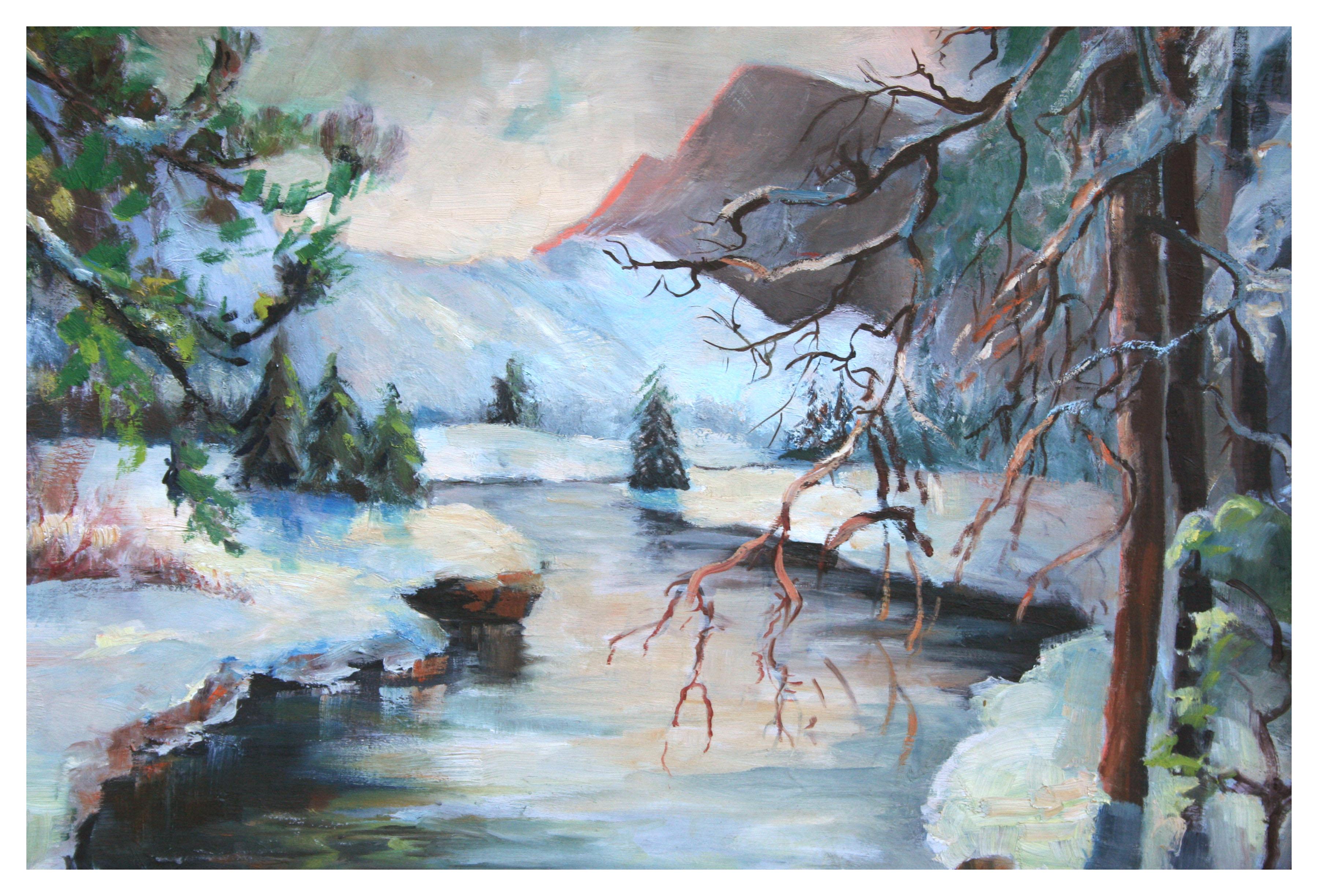 Mountain Stream in Schnee, Yosemite-Winterlandschaft aus der Mitte des Jahrhunderts (Amerikanischer Impressionismus), Painting, von Rowena Lung Alcorn