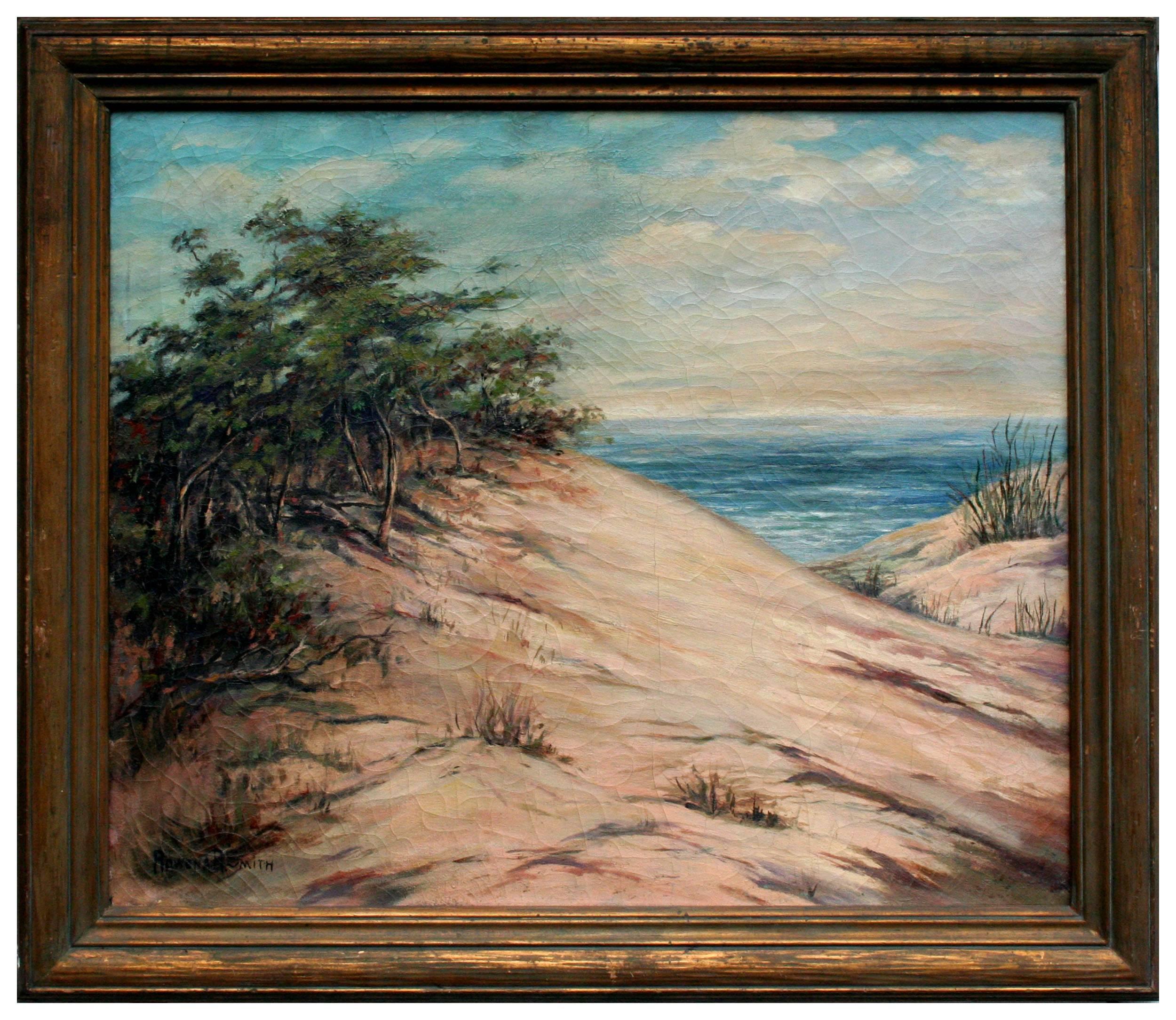 California Landscape Painting, Signed Rowena R. Smith, Circa 1930s
Beautiful California landscape painting of a path to the beach by listed Berkeley, California artist Rowena R. Smith (American, 1881-1958). 

Signed "Rowena R. Smith" lower left.