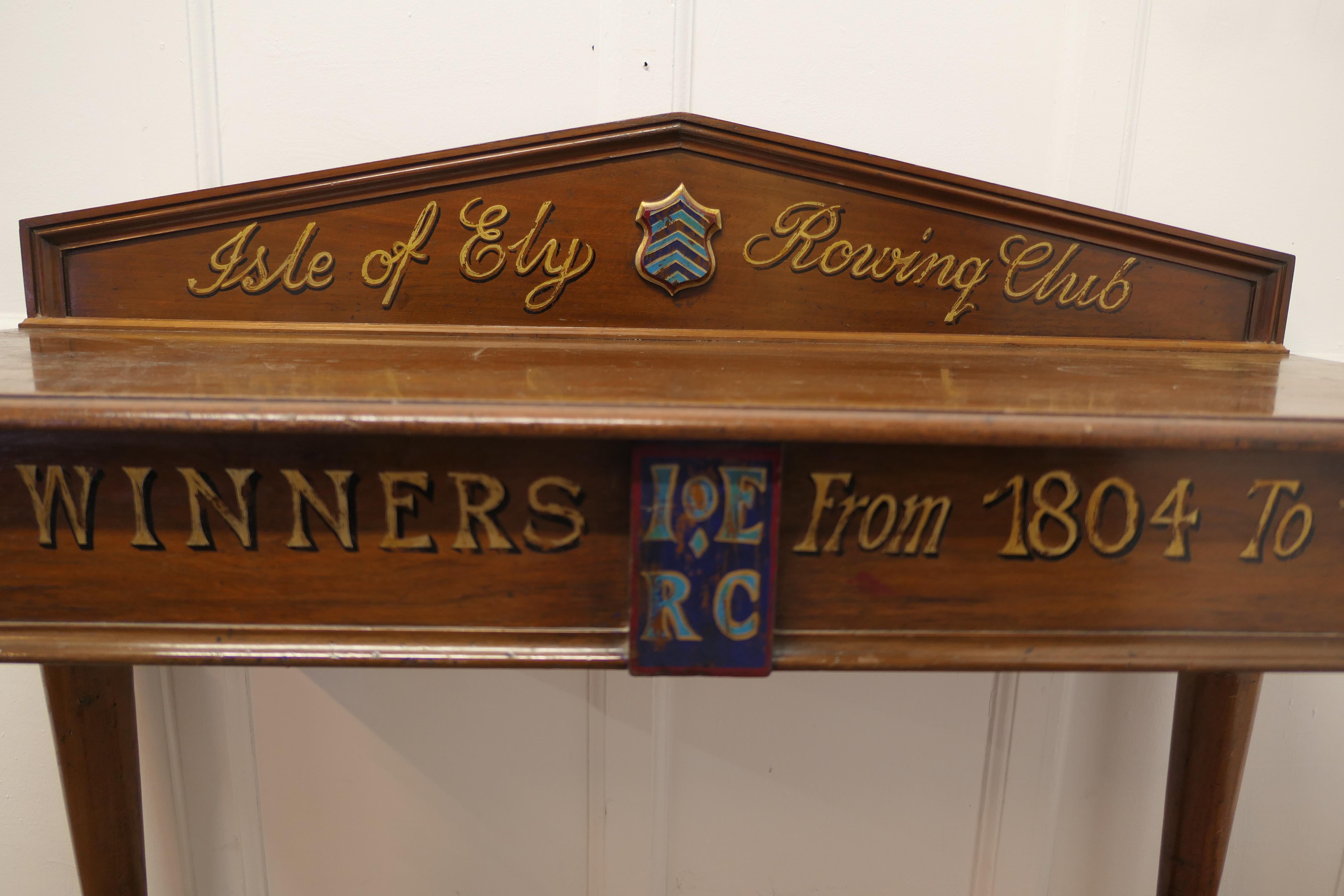 Rowing Club Trophy Table

A Victorian Side Table painted in the 20th Century for “The Isle of Ely” Rowing Club, commemorating the cup winners from 1804 to 1807

A Rare piece with a shield crest painted with chevrons, and gold lettering on the back