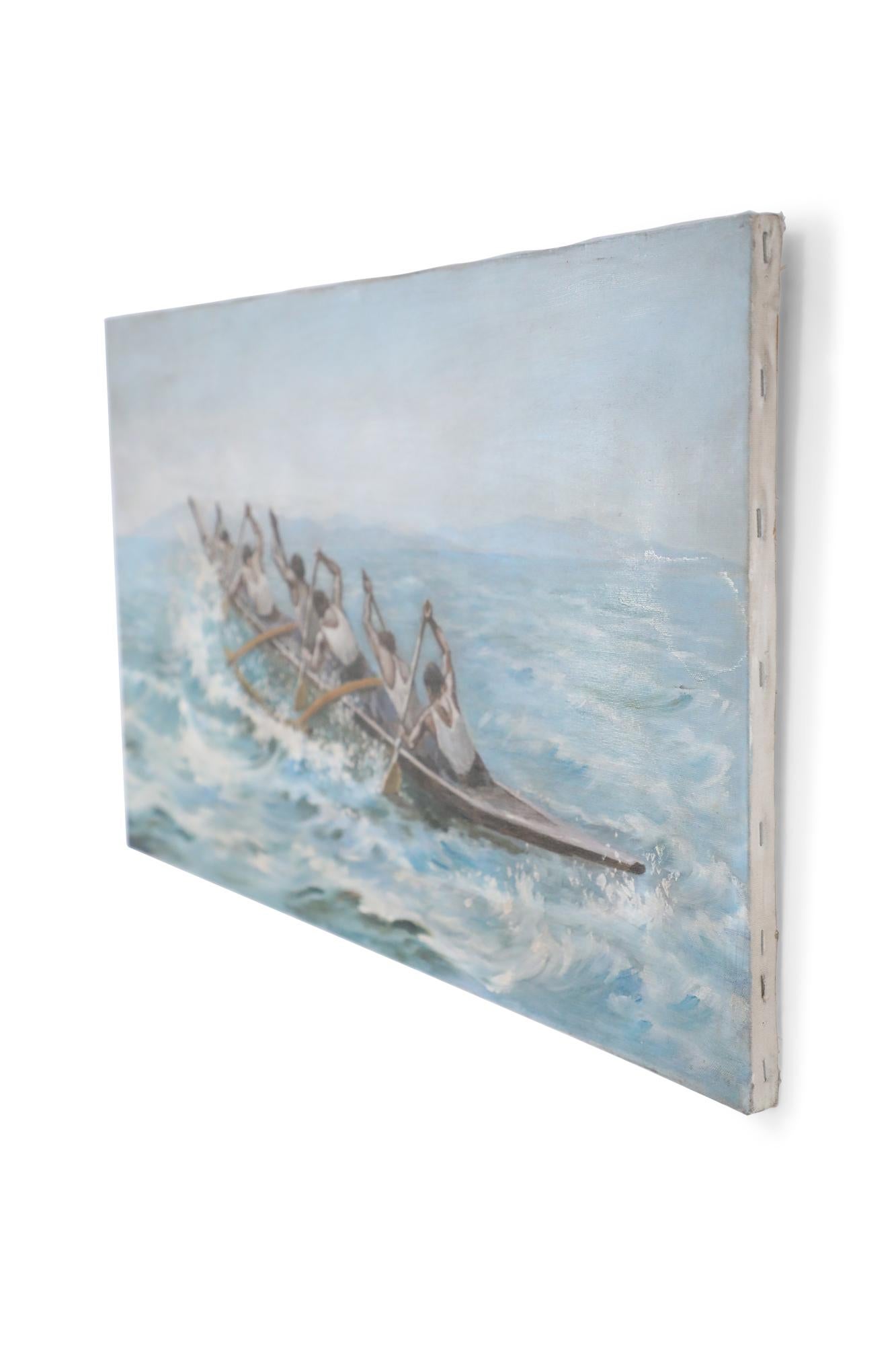 Peinture à l'huile d'époque (20ème siècle) d'un équipage de six personnes ramant en mer dans un bateau sur une toile rectangulaire, non encadrée.
 