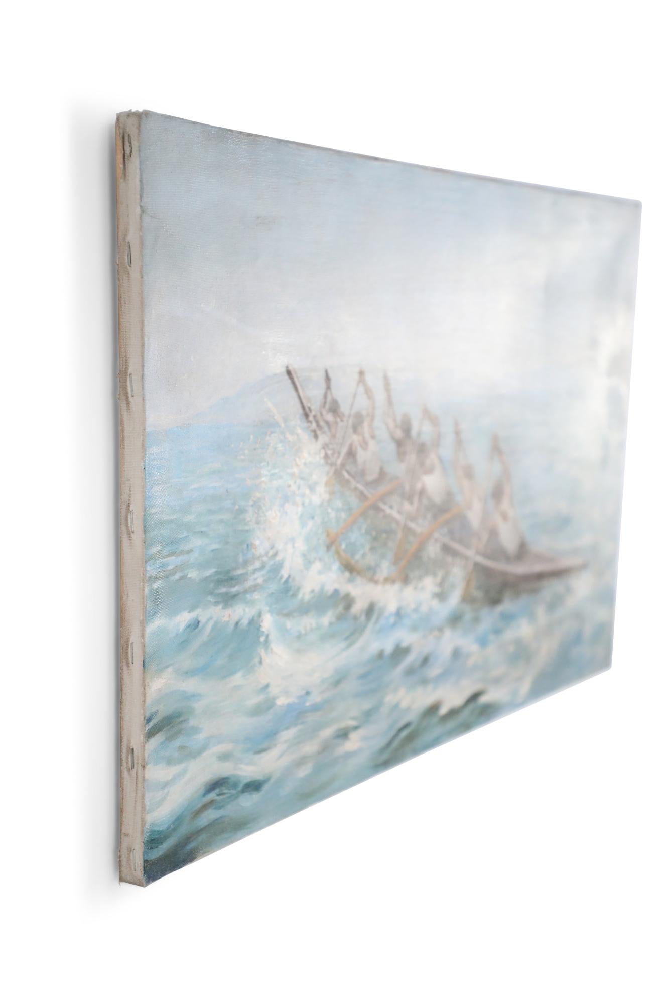 Mid-Century Modern Peinture à l'huile sur toile - Équipe d'aviron au bord de la mer en vente