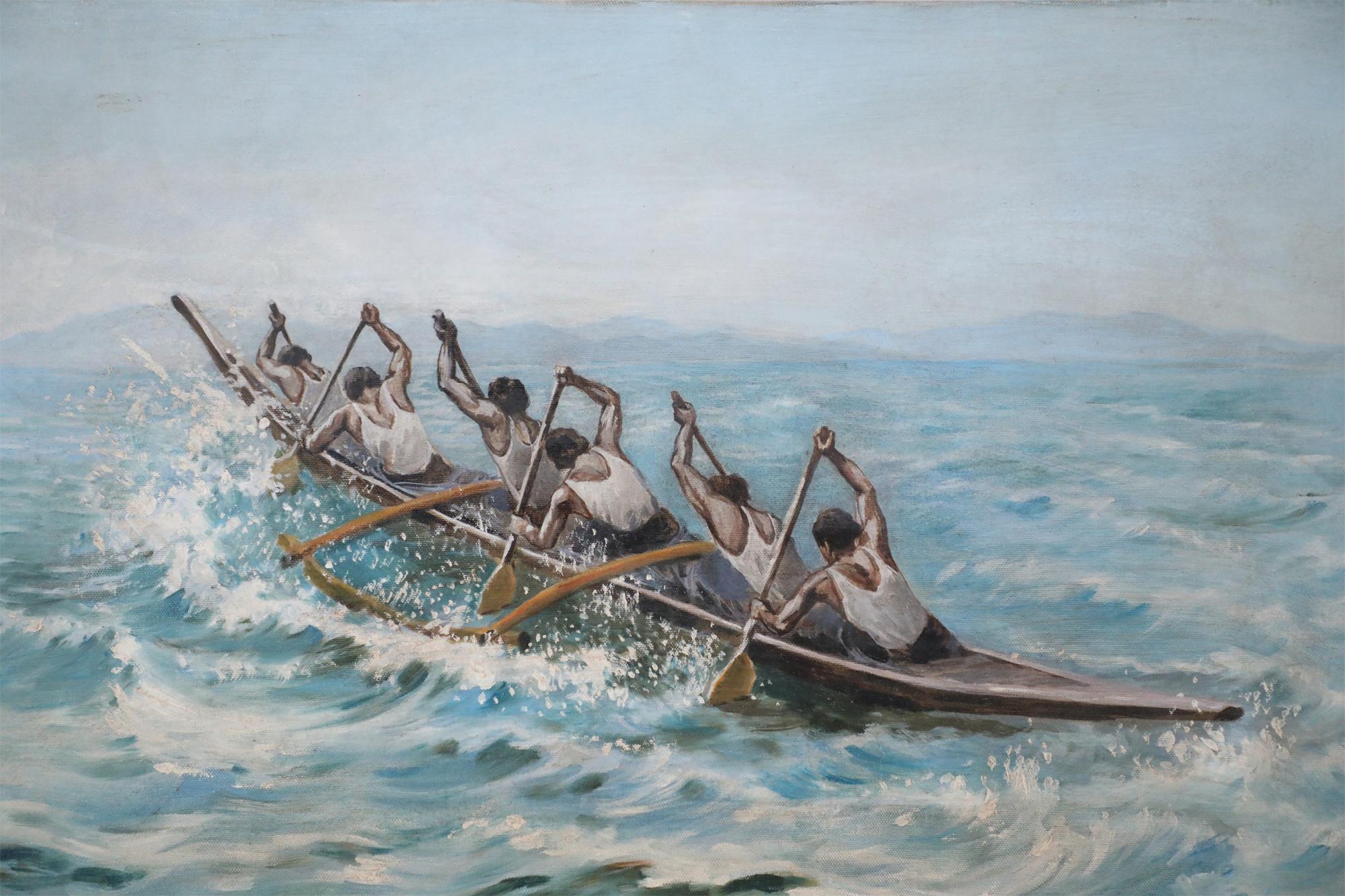 Américain Peinture à l'huile sur toile - Équipe d'aviron au bord de la mer en vente