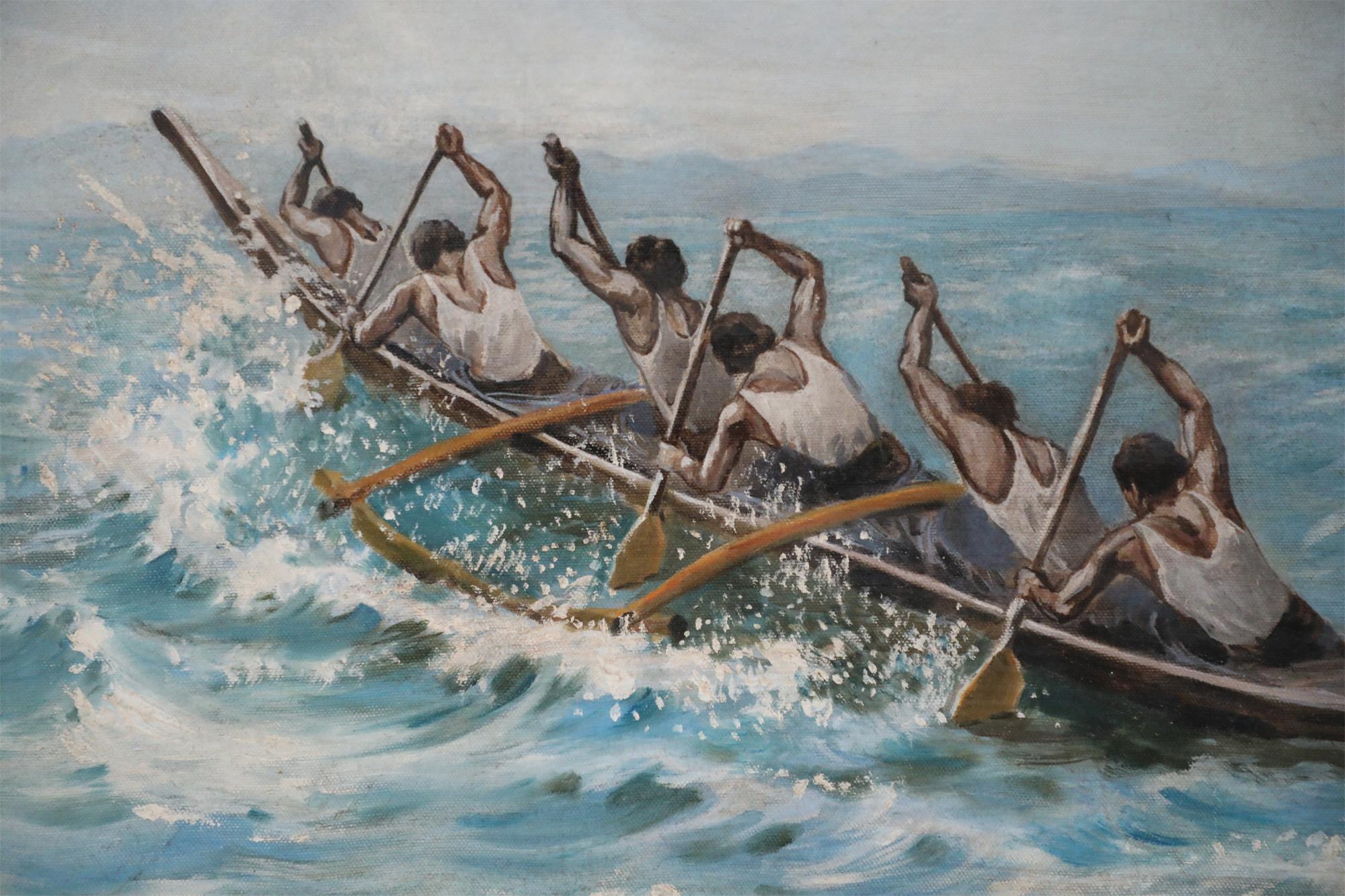 Huilé Peinture à l'huile sur toile - Équipe d'aviron au bord de la mer en vente