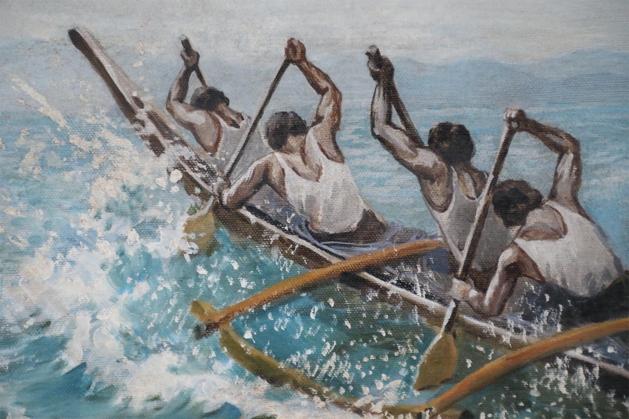 Peinture à l'huile sur toile - Équipe d'aviron au bord de la mer Bon état - En vente à New York, NY
