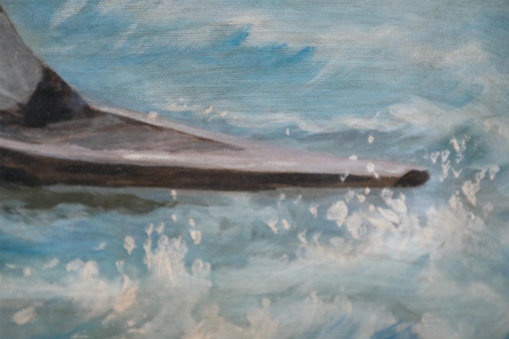 20ième siècle Peinture à l'huile sur toile - Équipe d'aviron au bord de la mer en vente
