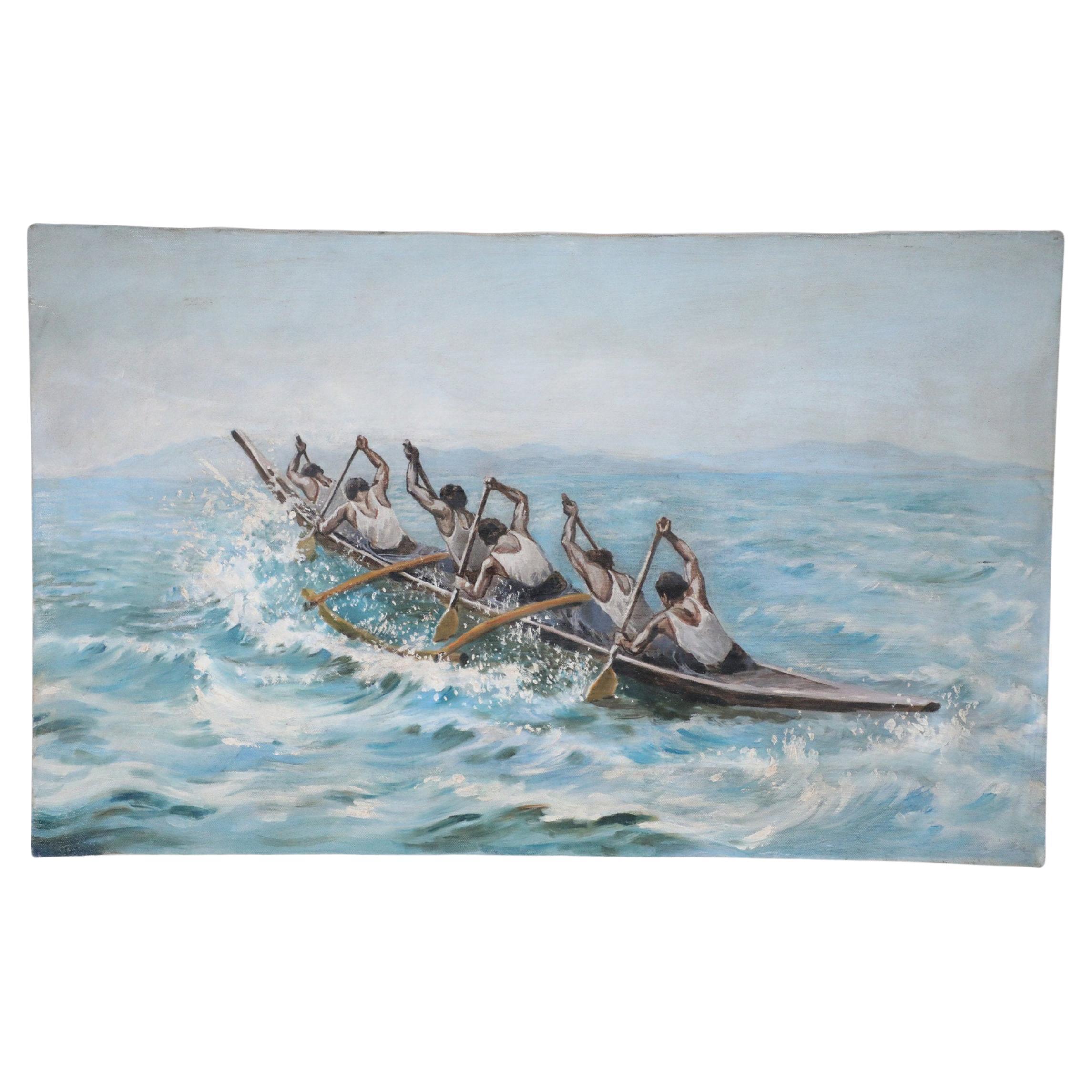 Peinture à l'huile sur toile - Équipe d'aviron au bord de la mer