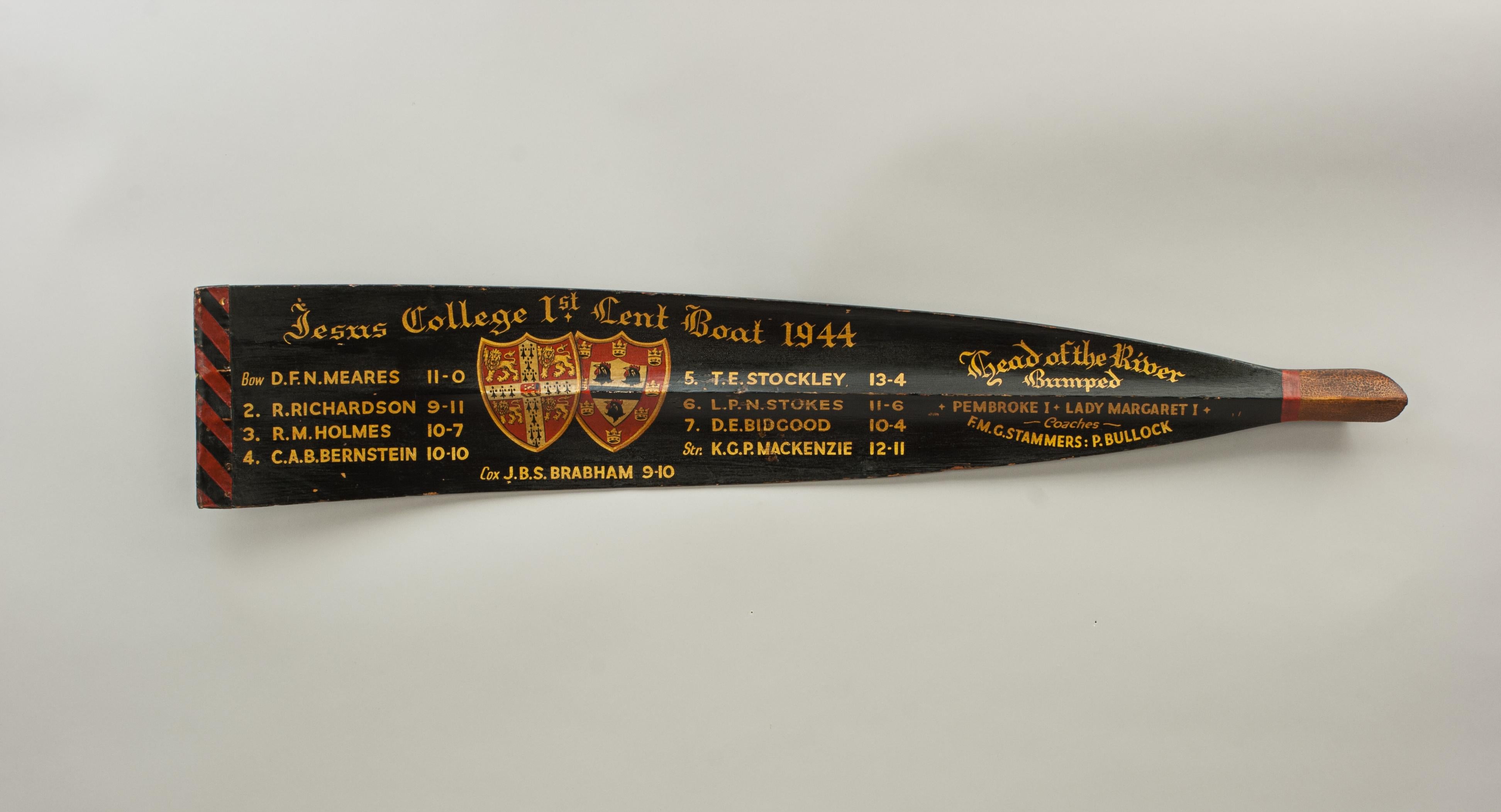 Rowing Oar Blade Jesus College First Lent 1944, Cambridge University 1