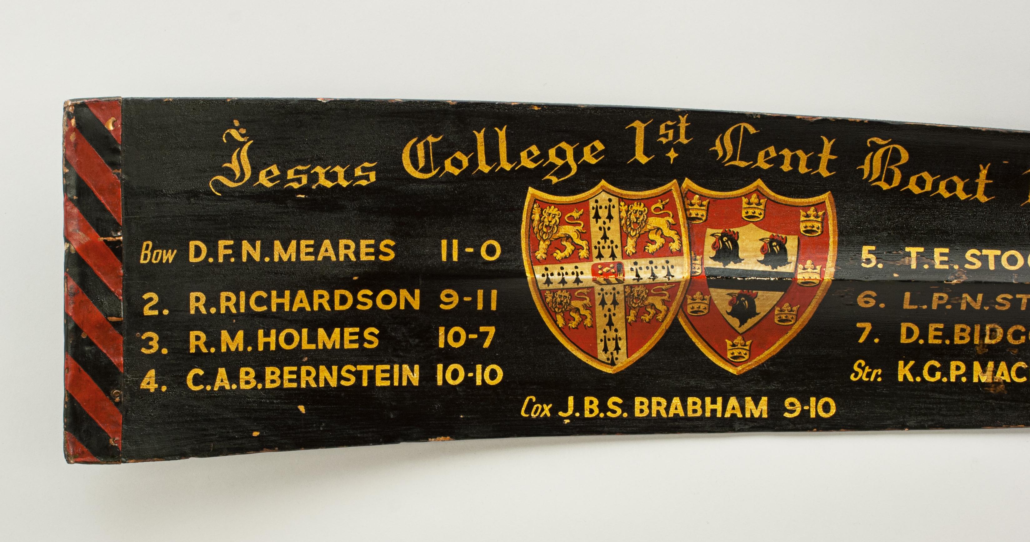 Cambridge presentation oar tip, Trophy Blade, Jesus College 1944.
The oar is an original traditional Jesus College 