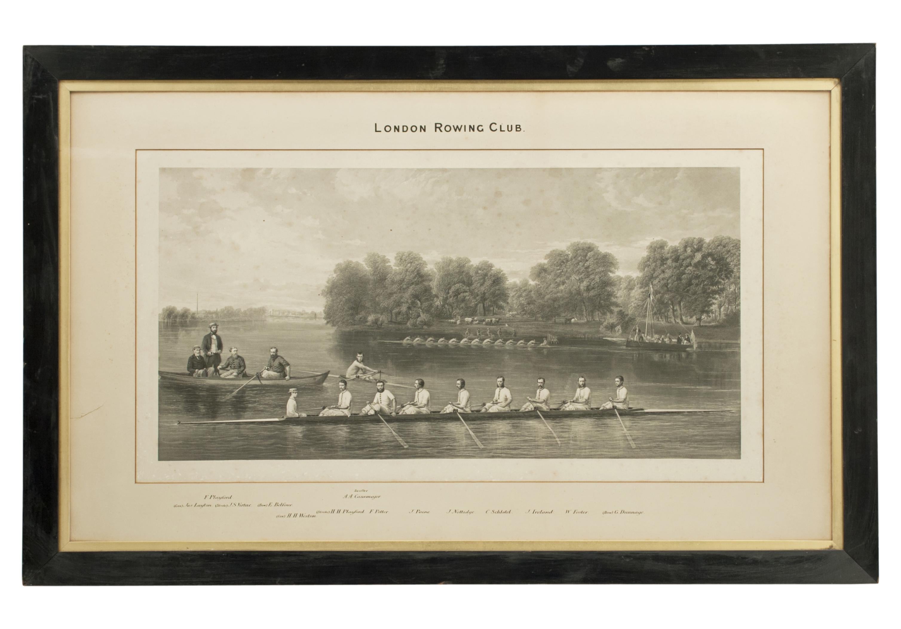 London Rowing Club Picture.
An original print of the London Rowing Club. The picture shows three rowing boats on the Thames, a single scull, an eight-oar sweep and a twelve-oar sweep, and three other boats. The twelve-oar boat has a flag flying at