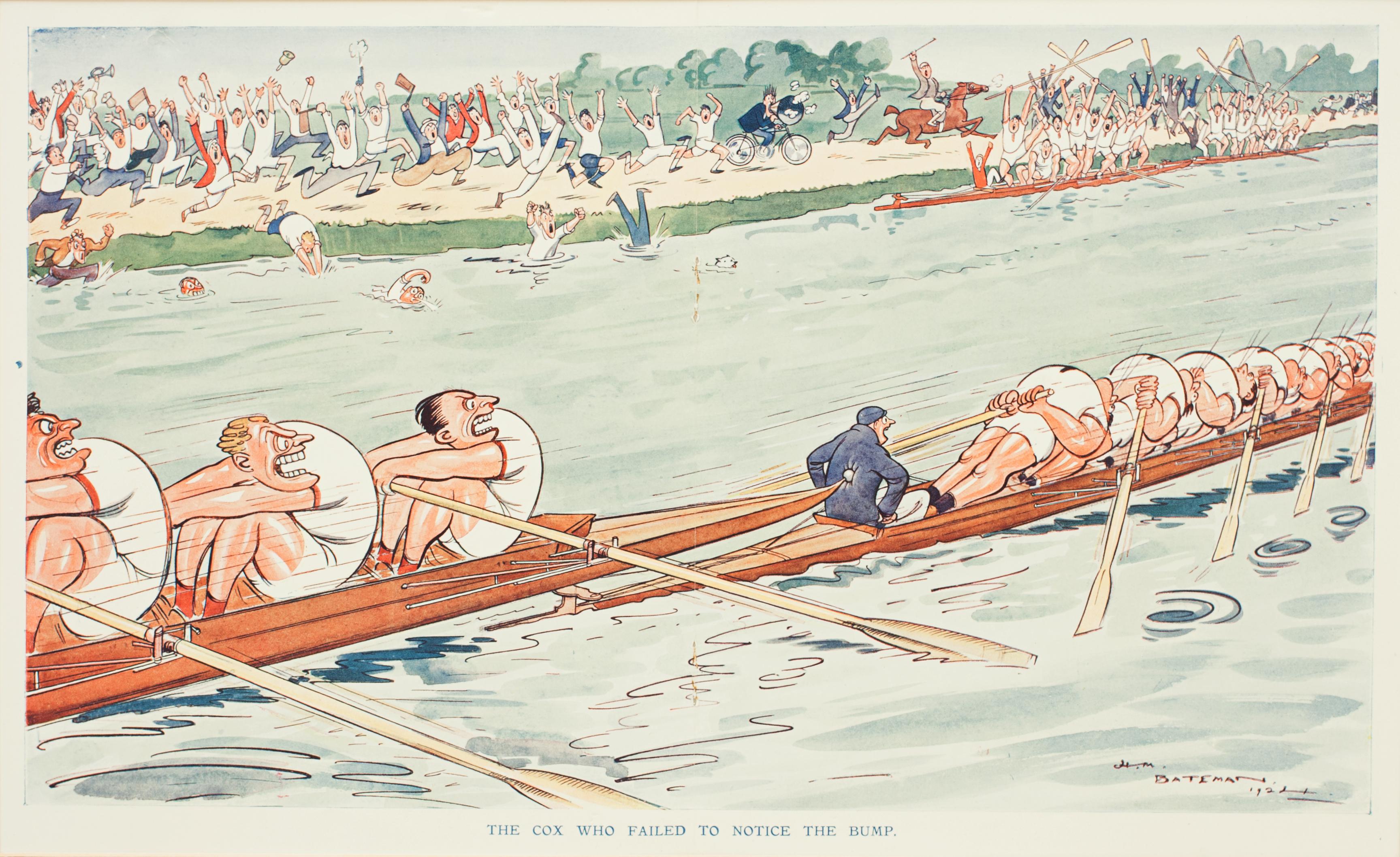 Humorous, punch rowing print, The Cox Who Failed To Notice The Bump.
A colorful humorous rowing lithograph by the 20th century cartoonist and caricaturist H.M. Bateman (Henry Mayo Bateman, 1887 - 1970).
The rowing picture was published in the June