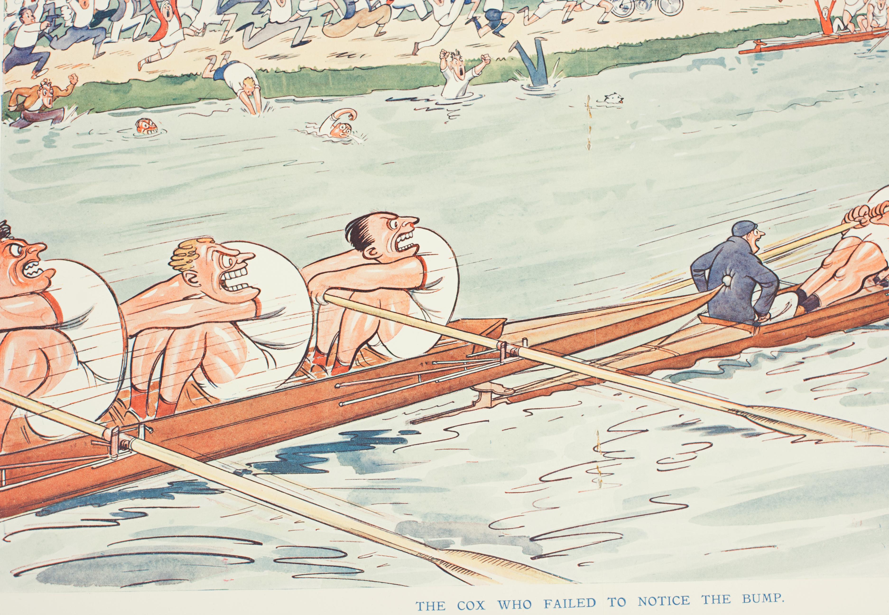 Early 20th Century Rowing Print, The Cox Who Failed To Notice The Bump, H M Bateman